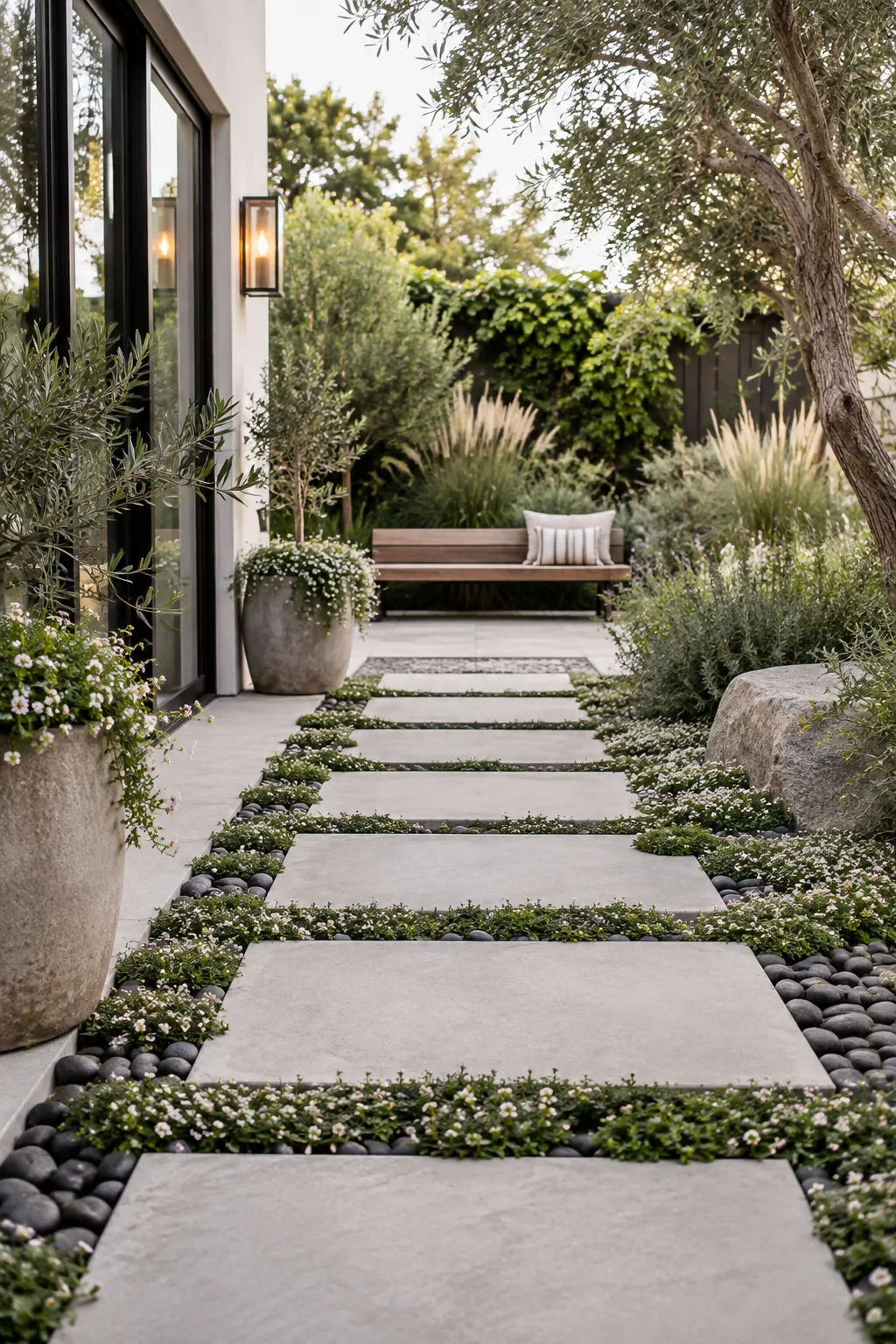 Large square concrete stepping stones separated by black beach pebbles
