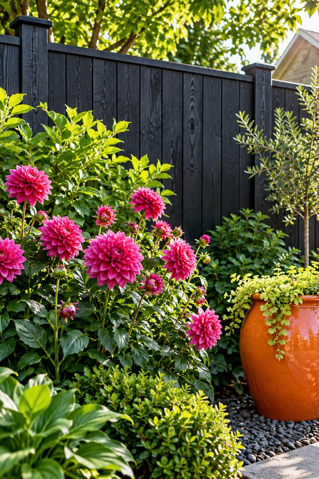 A black painted wooden fence with bright green plants in front of it