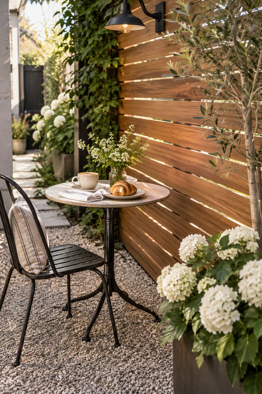 A small metal bistro table and two chairs in a narrow side yard