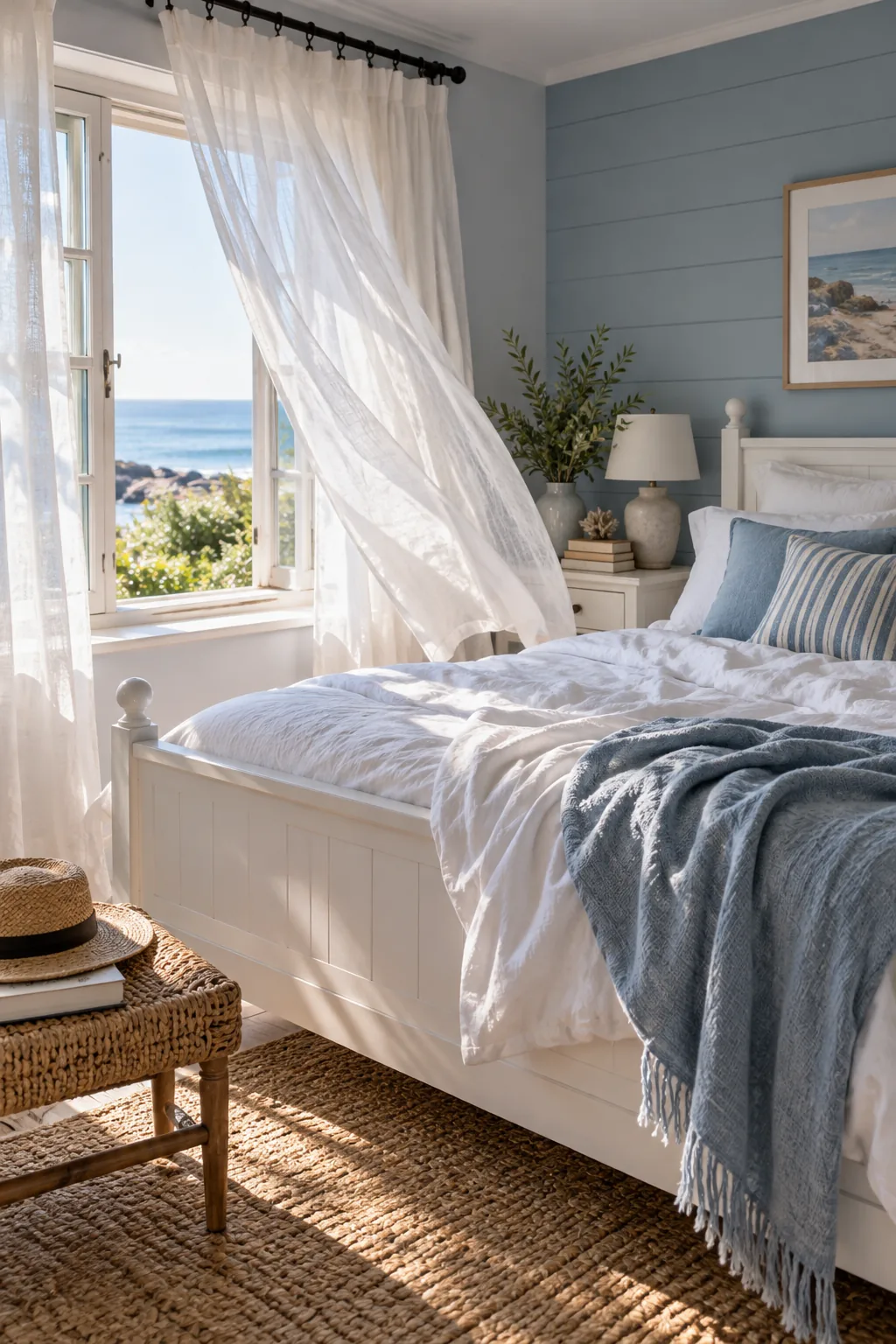 A coastal bedroom with blue walls and sheer white curtains.