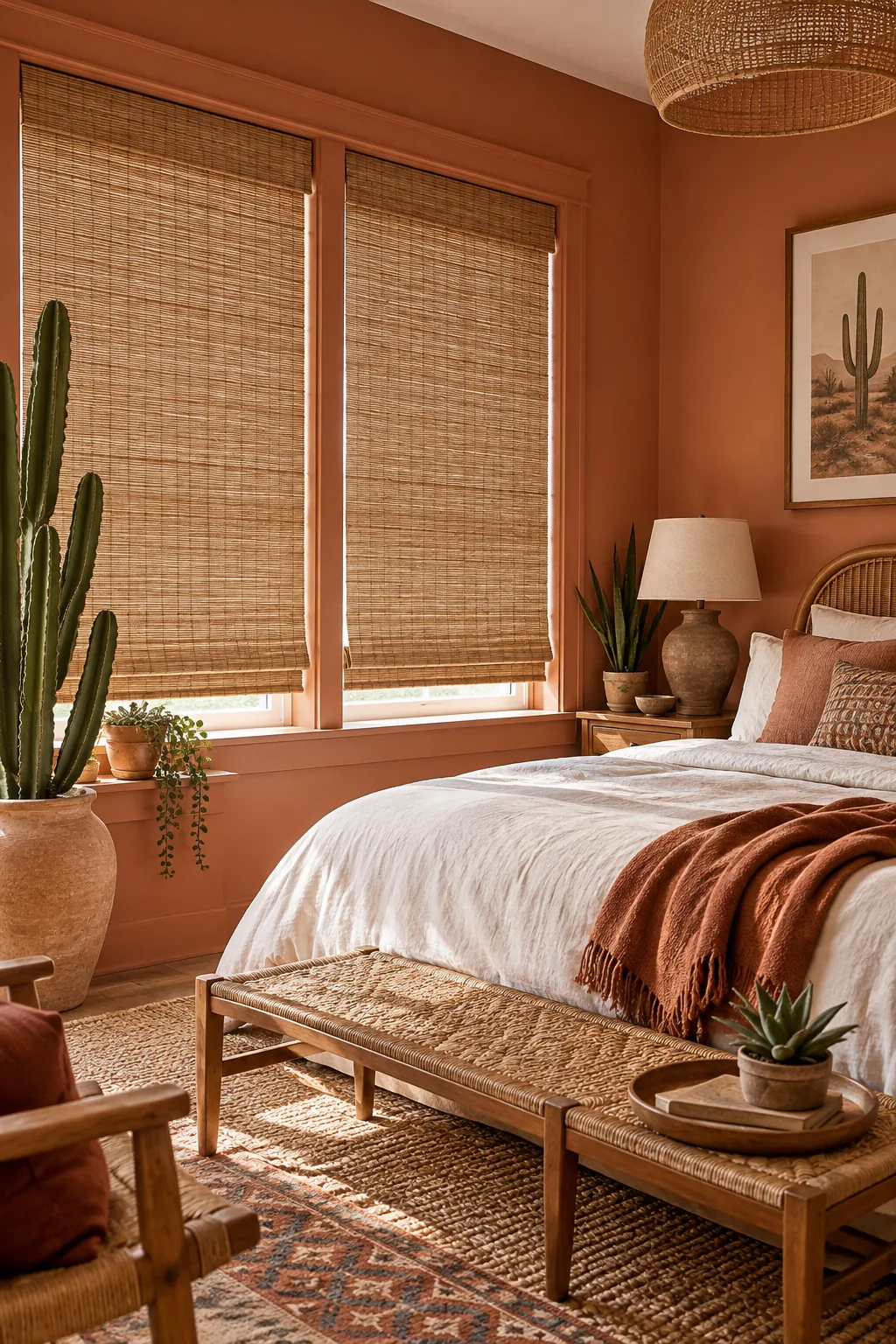 A terracotta-colored bedroom with woven wood shades drawn.