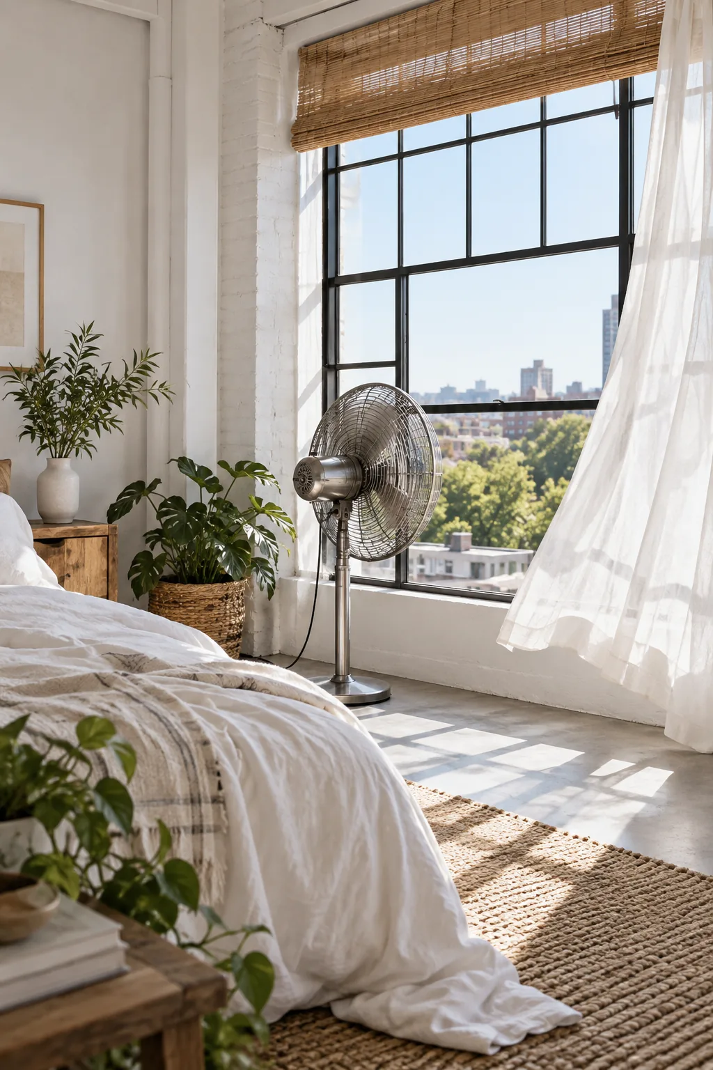 A minimalist white loft with an industrial fan facing the window.