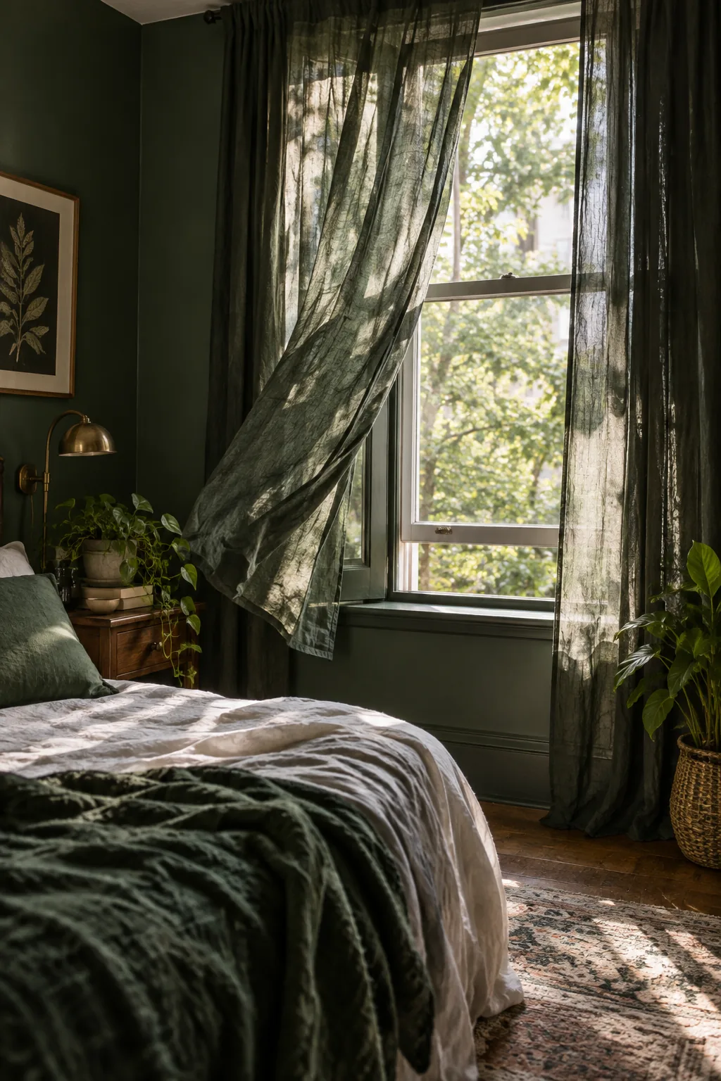 A dark green bedroom with sheer curtains blowing in the breeze.
