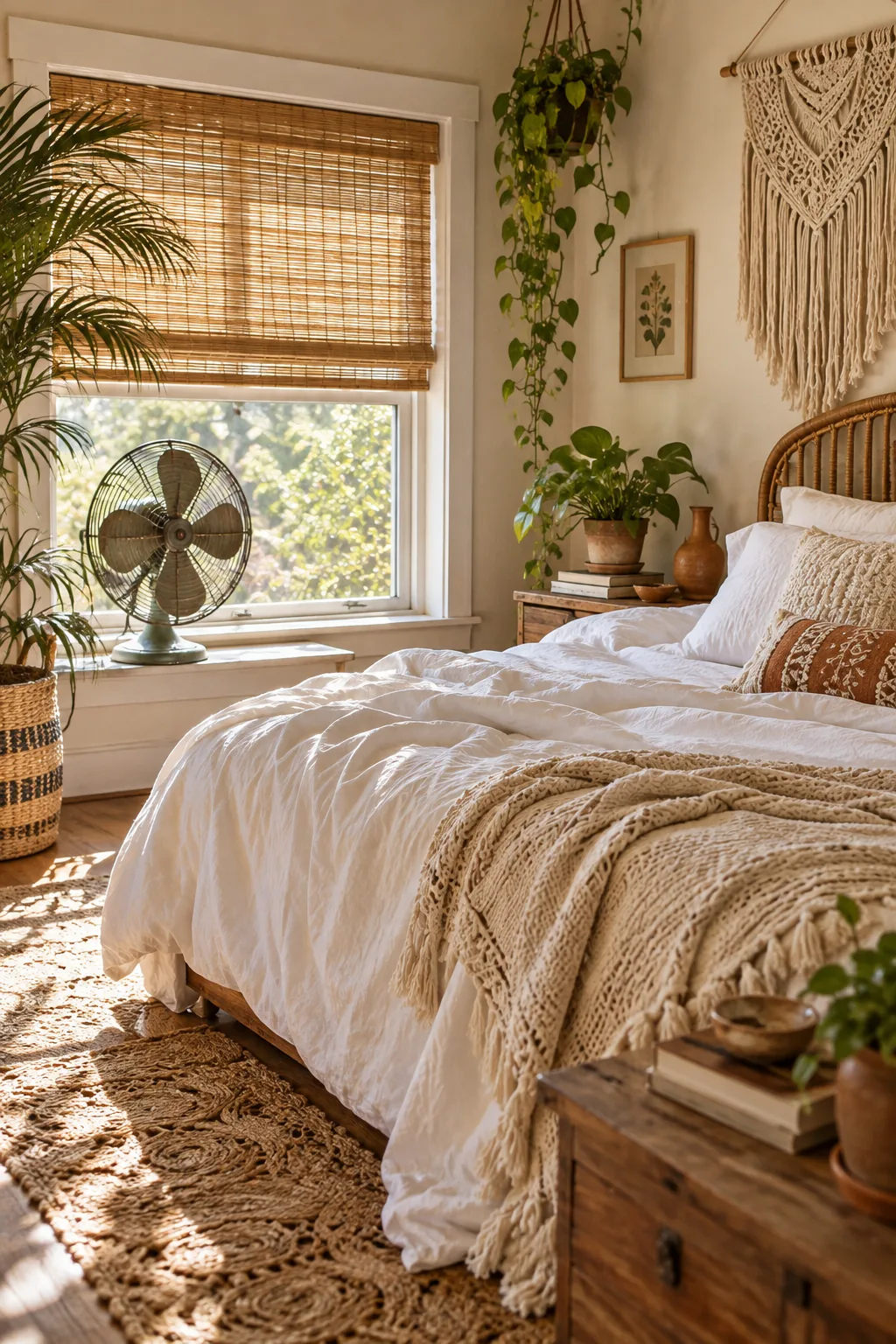 A bohemian bedroom with layered white bedding and a vintage fan.
