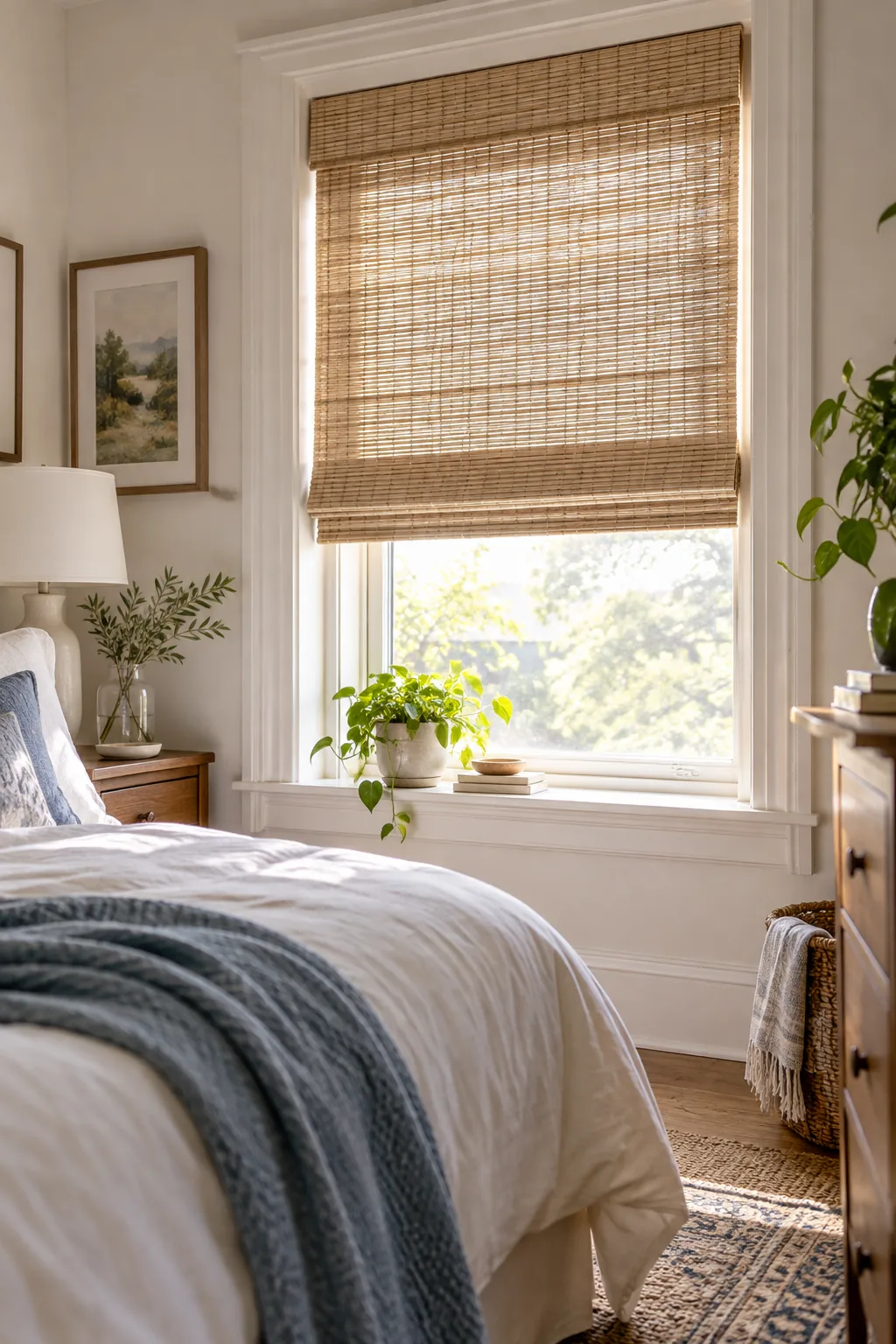 Bamboo window shades with a solid white backing pulled down over a sunlit bedroom window.