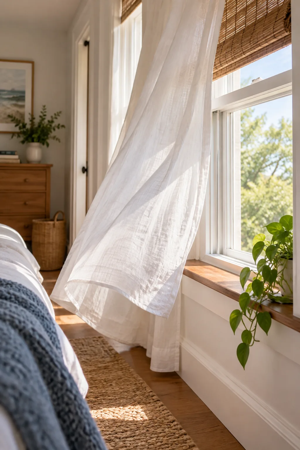 The top sash of a white double-hung window lowered slightly to reveal a small gap.