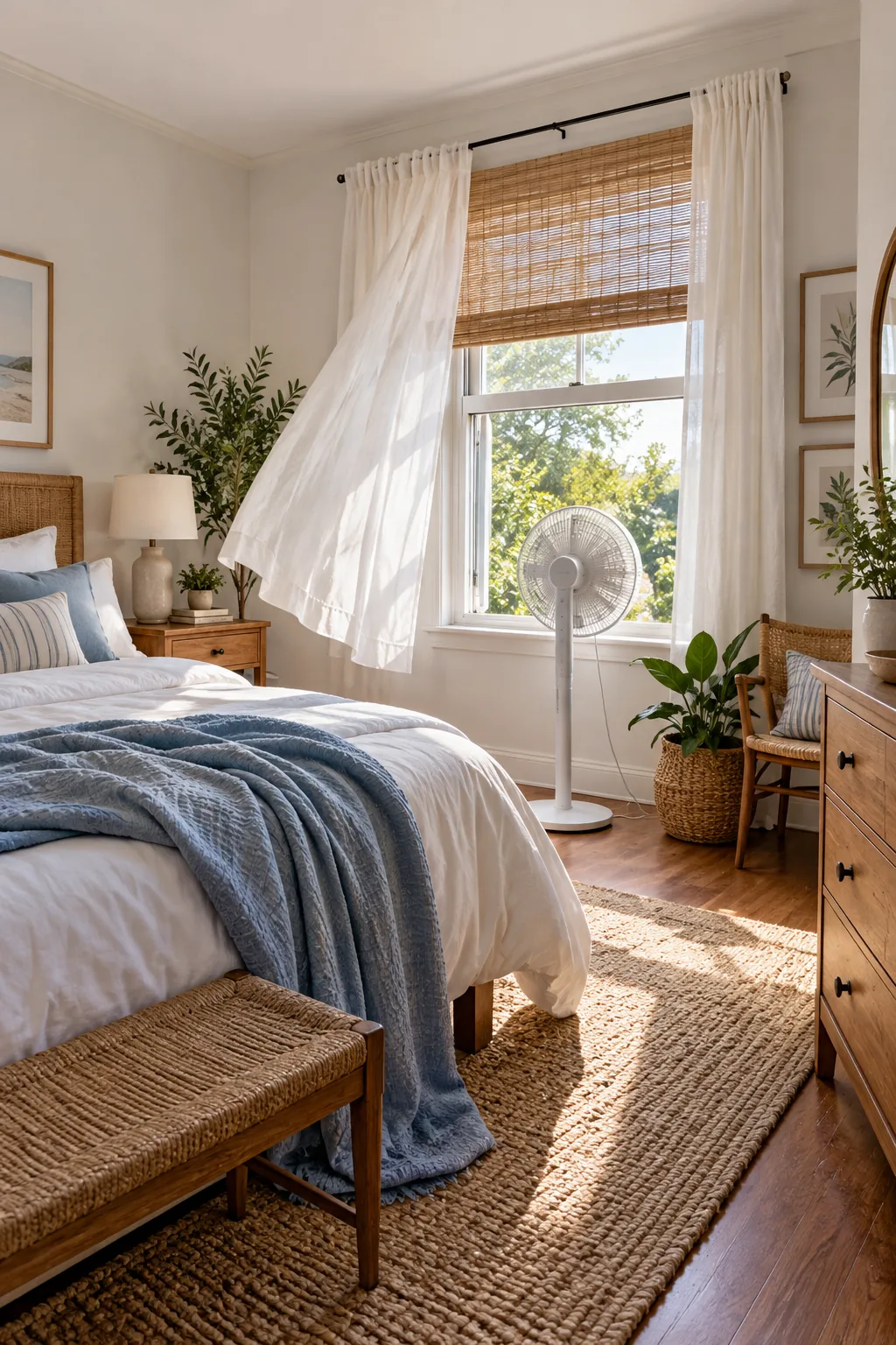A sheer white linen curtain blowing inward through an open bedroom window.