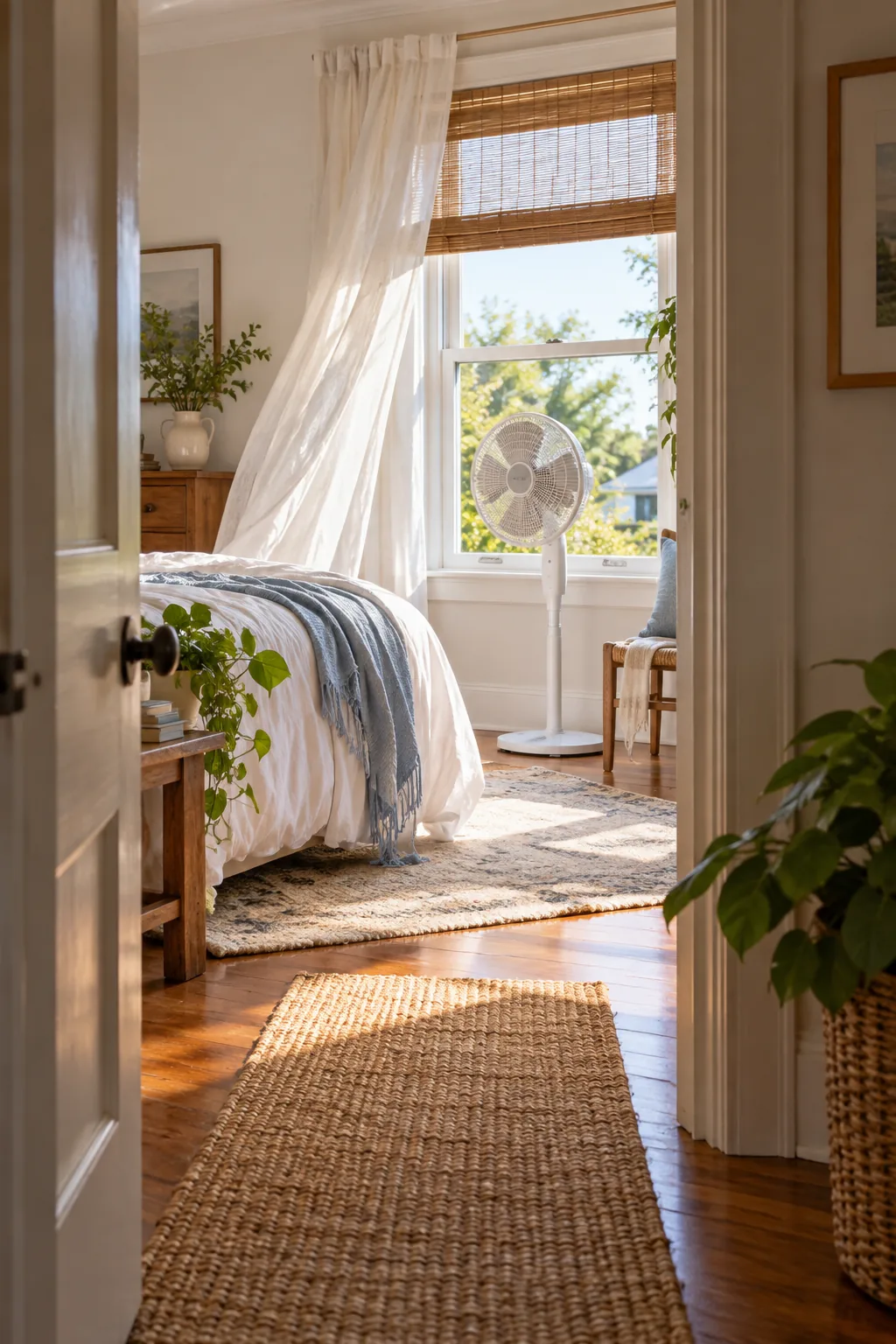 A white pedestal fan pointing out an open bedroom window.