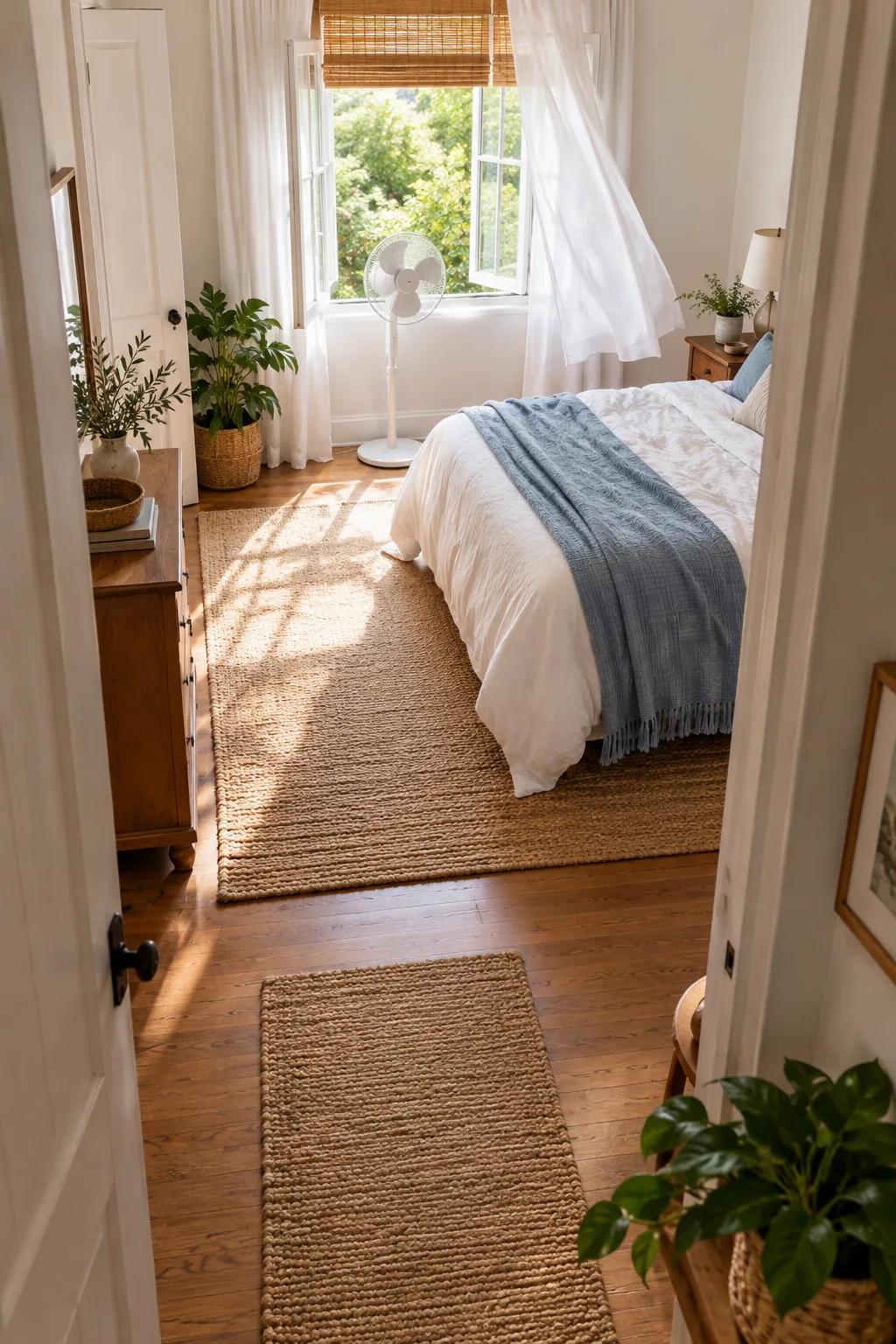 A view from a shaded hallway looking into a bright bedroom with an open window.