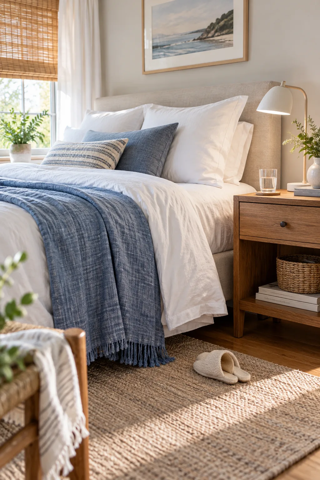 Crisp white percale bedsheets folded back on a cozy bed.