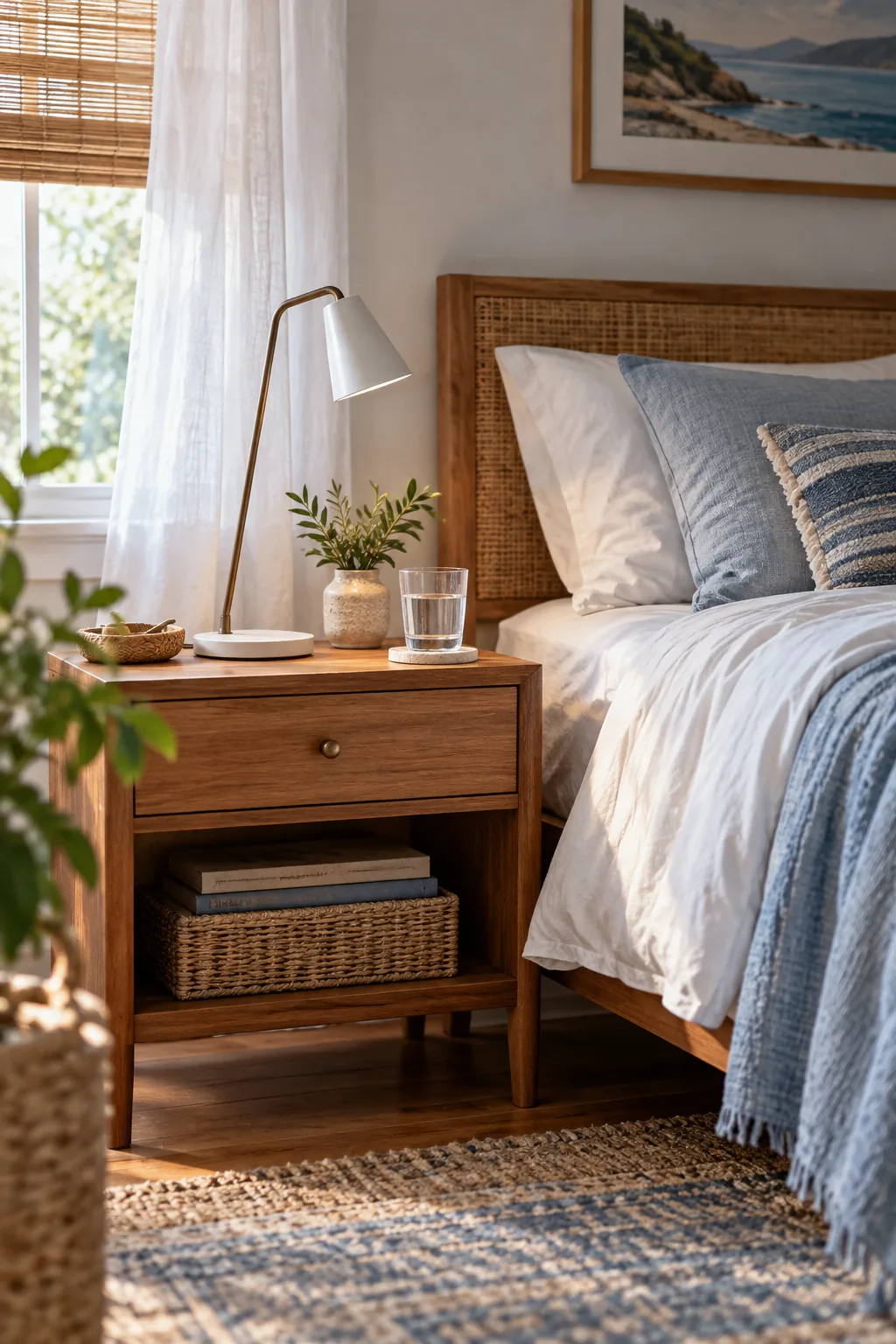 A modern LED reading lamp on a wooden bedside table.
