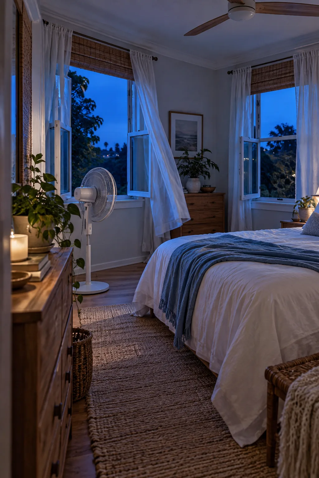 A bedroom at twilight with open windows and a fan running.