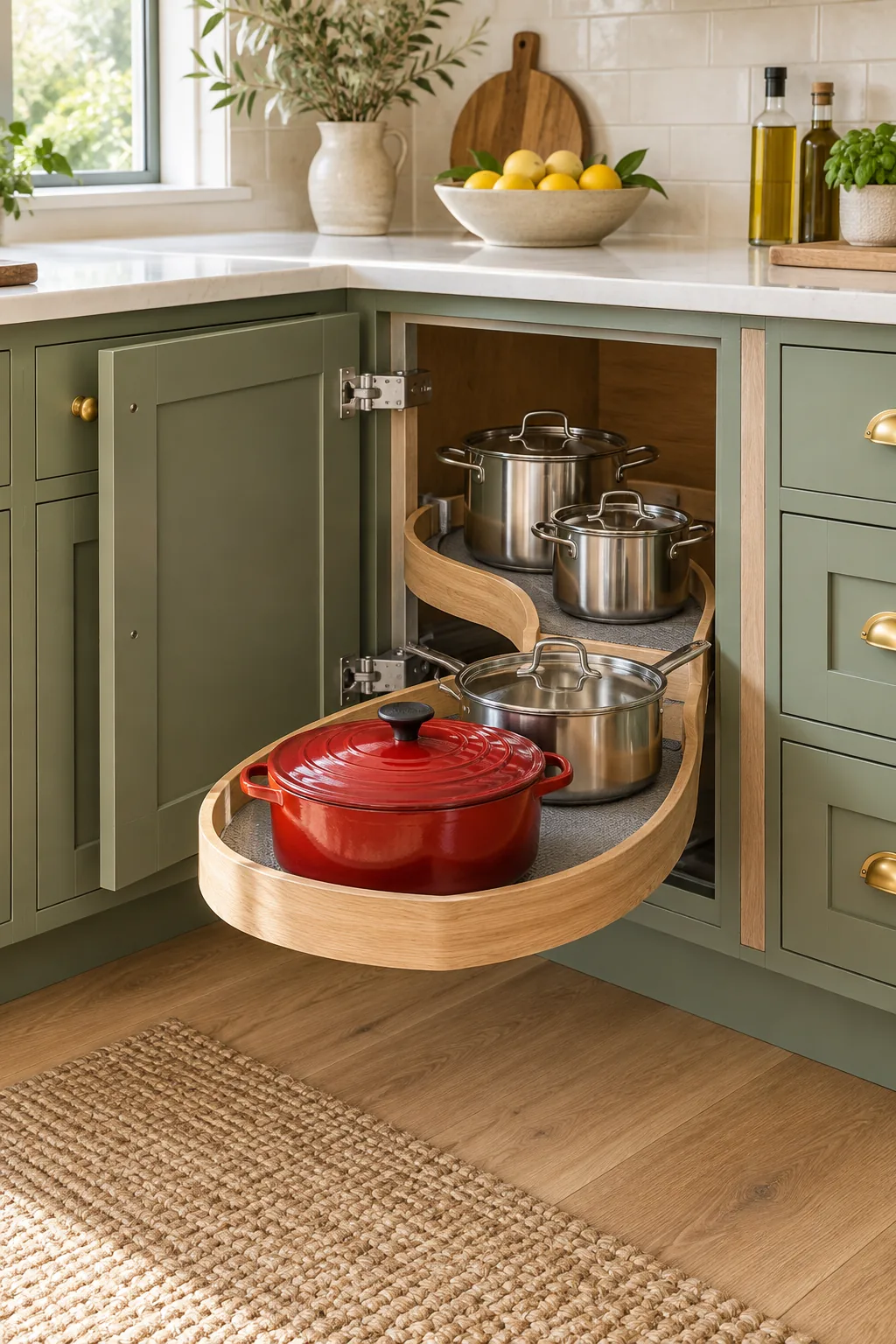 Sage green corner kitchen cabinet with brass hardware and an extended light oak pull-out shelf.