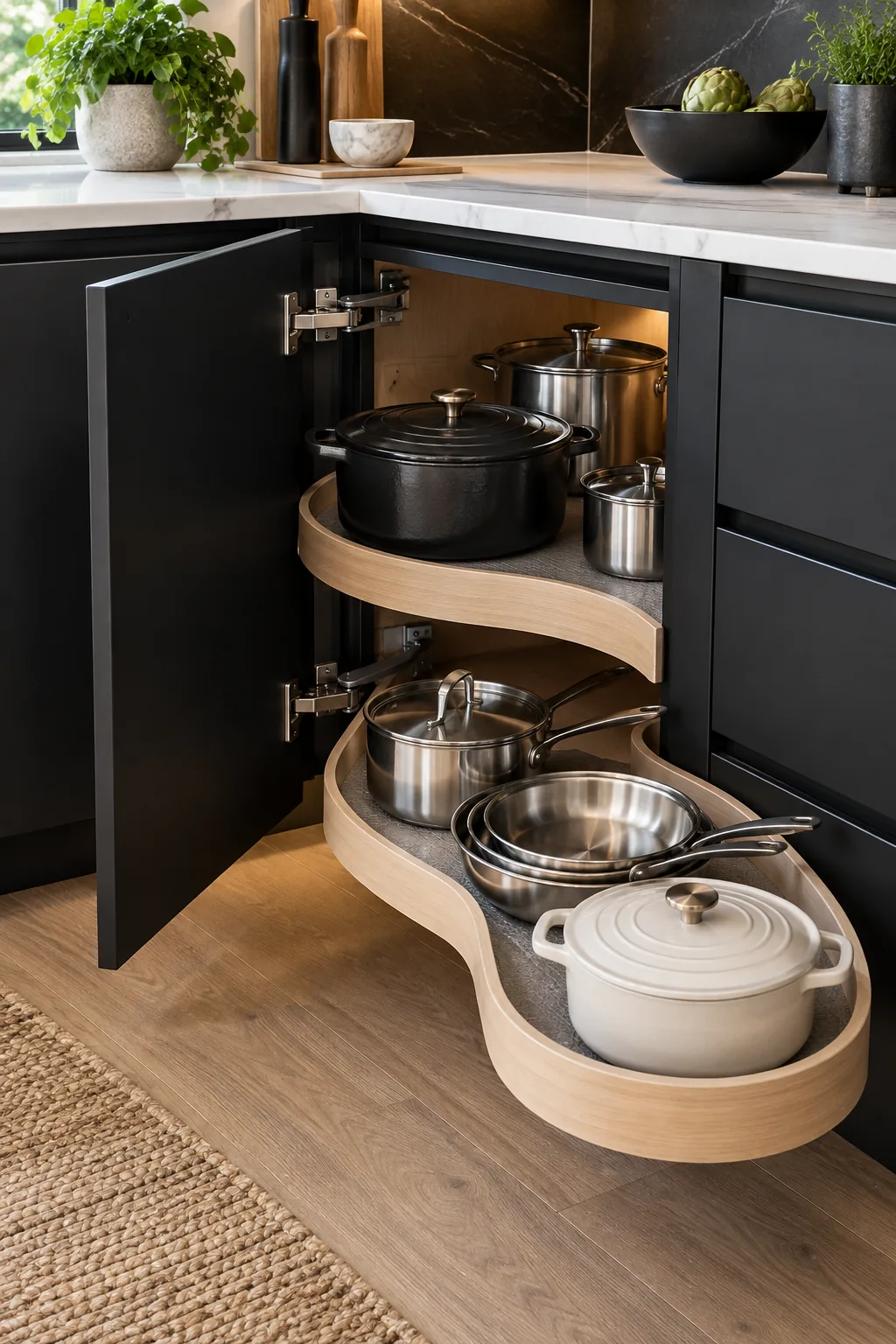 Matte black minimalist corner kitchen cabinet with an extended white oak pull-out shelf.