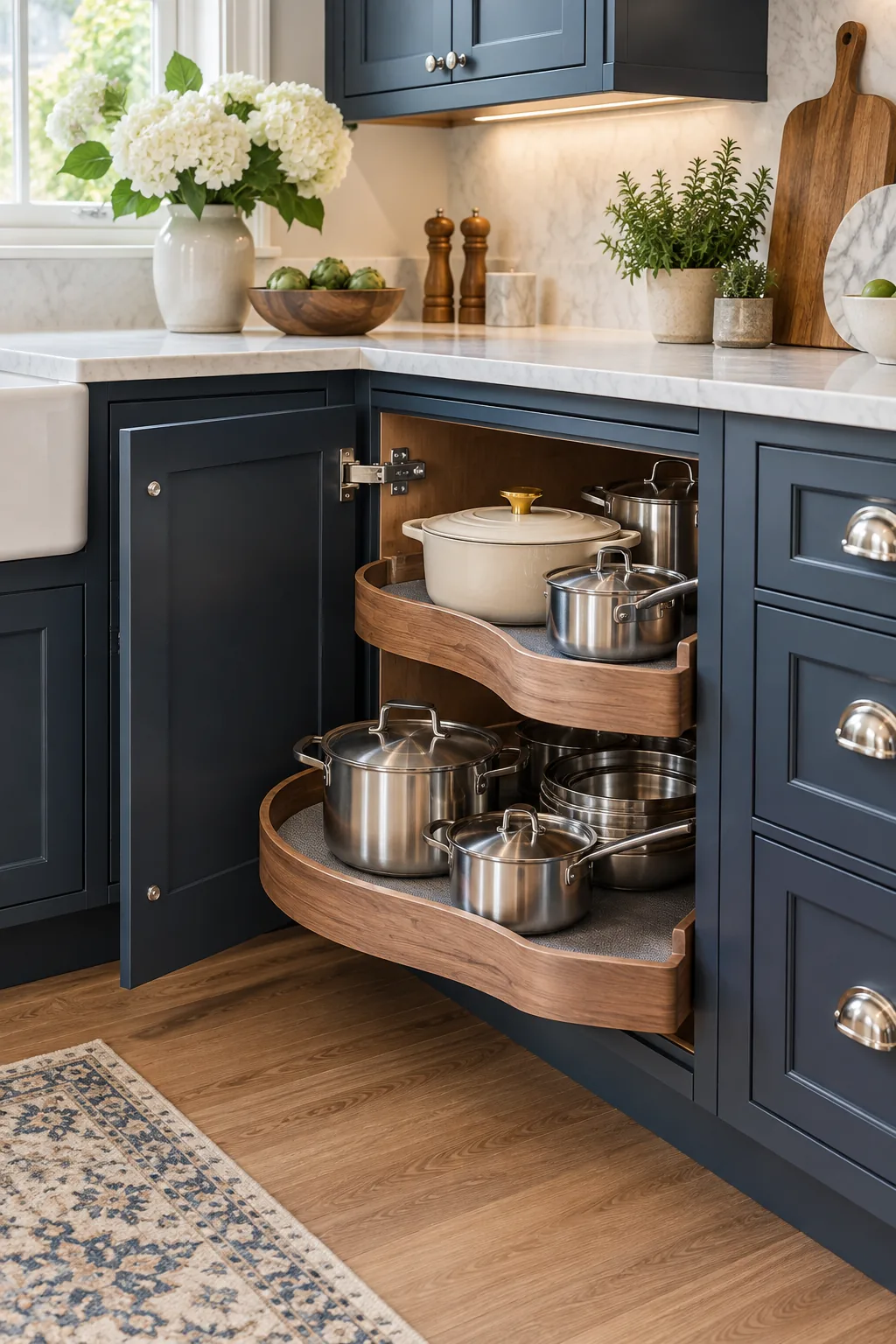 Navy blue transitional corner kitchen cabinet with polished nickel hardware and an extended walnut pull-out shelf.
