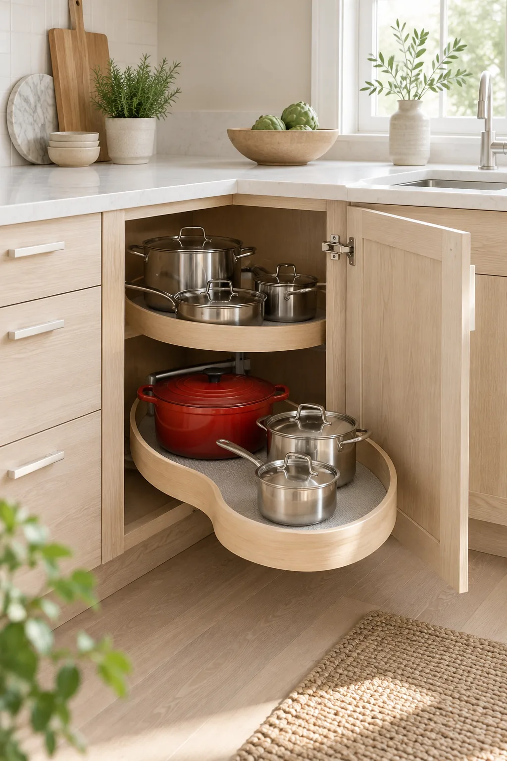 Pale ash wood Scandinavian corner kitchen cabinet with an extended matching ash pull-out shelf.