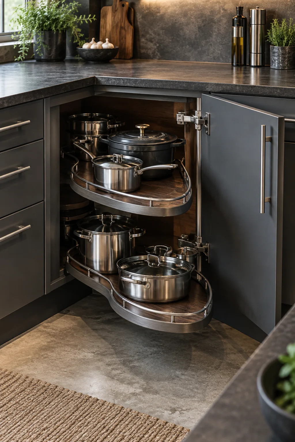 Charcoal grey industrial corner kitchen cabinet with stainless steel hardware and a dark stained pull-out shelf.
