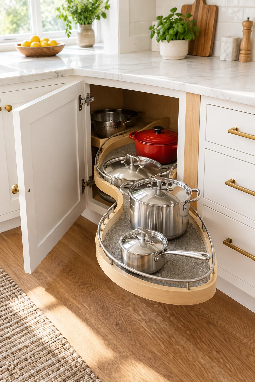 White kitchen corner showing a blank wood spacer between the cabinet door and adjacent drawers.