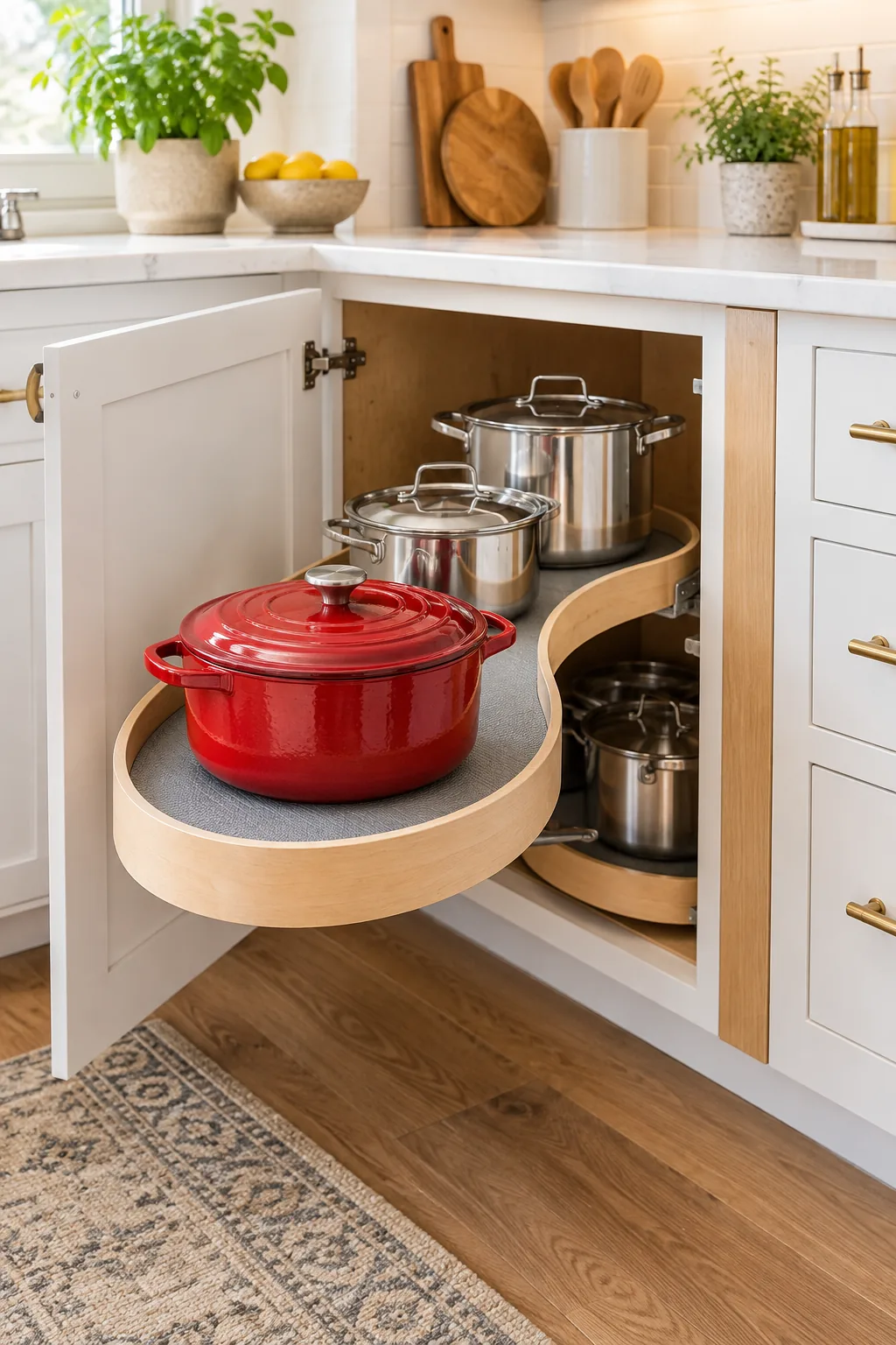 Top-down view of a curved wooden pull-out shelf loaded with stainless steel pots.