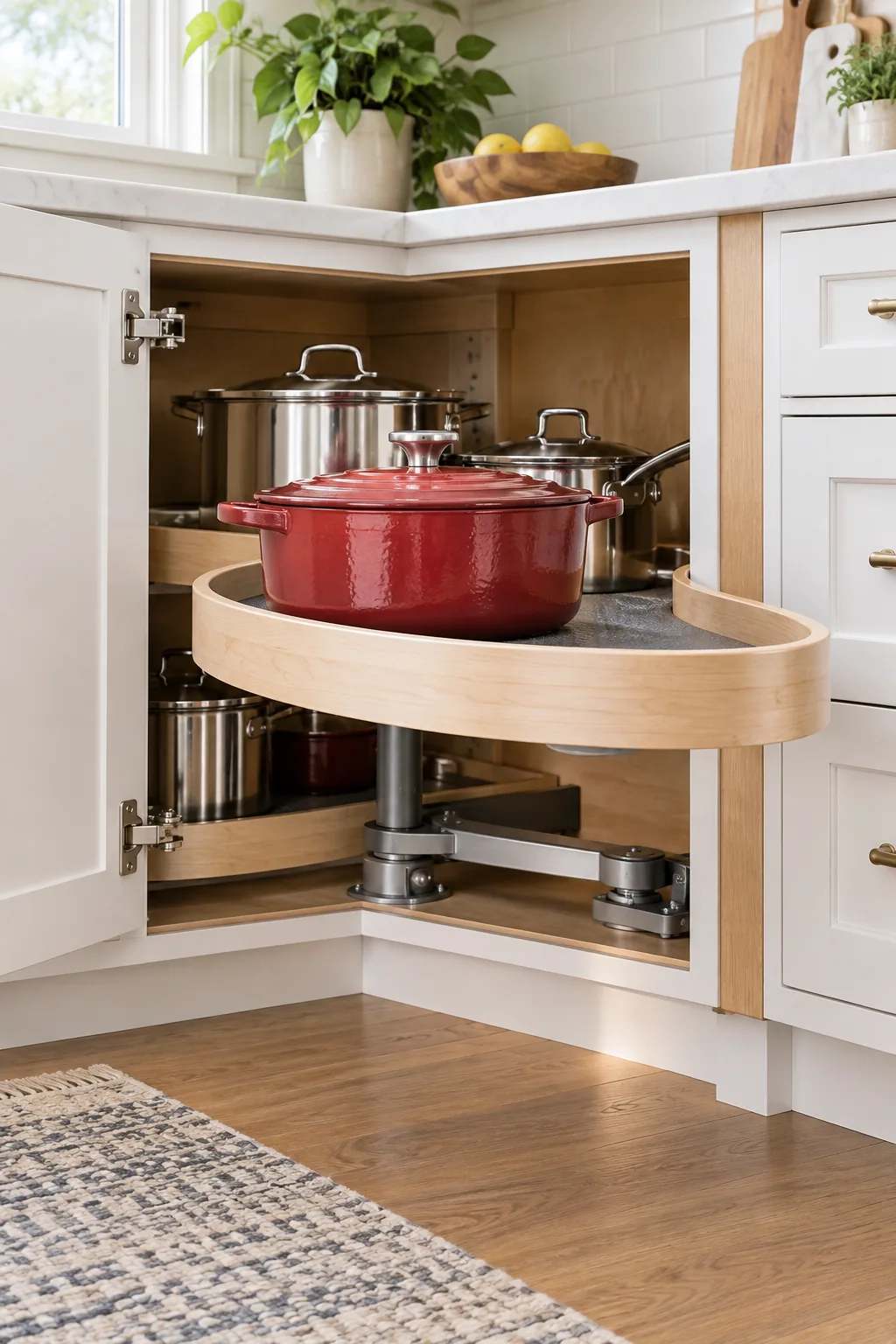 Red cast iron dutch oven sitting securely on a grey textured mat inside a wooden cabinet shelf.