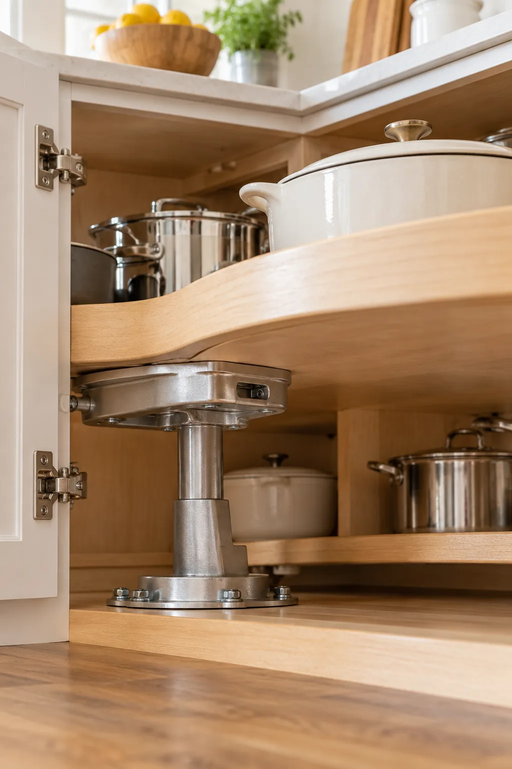 Heavy-duty metal pivot bracket mounted to the floor of a wooden kitchen cabinet beneath a shelf.