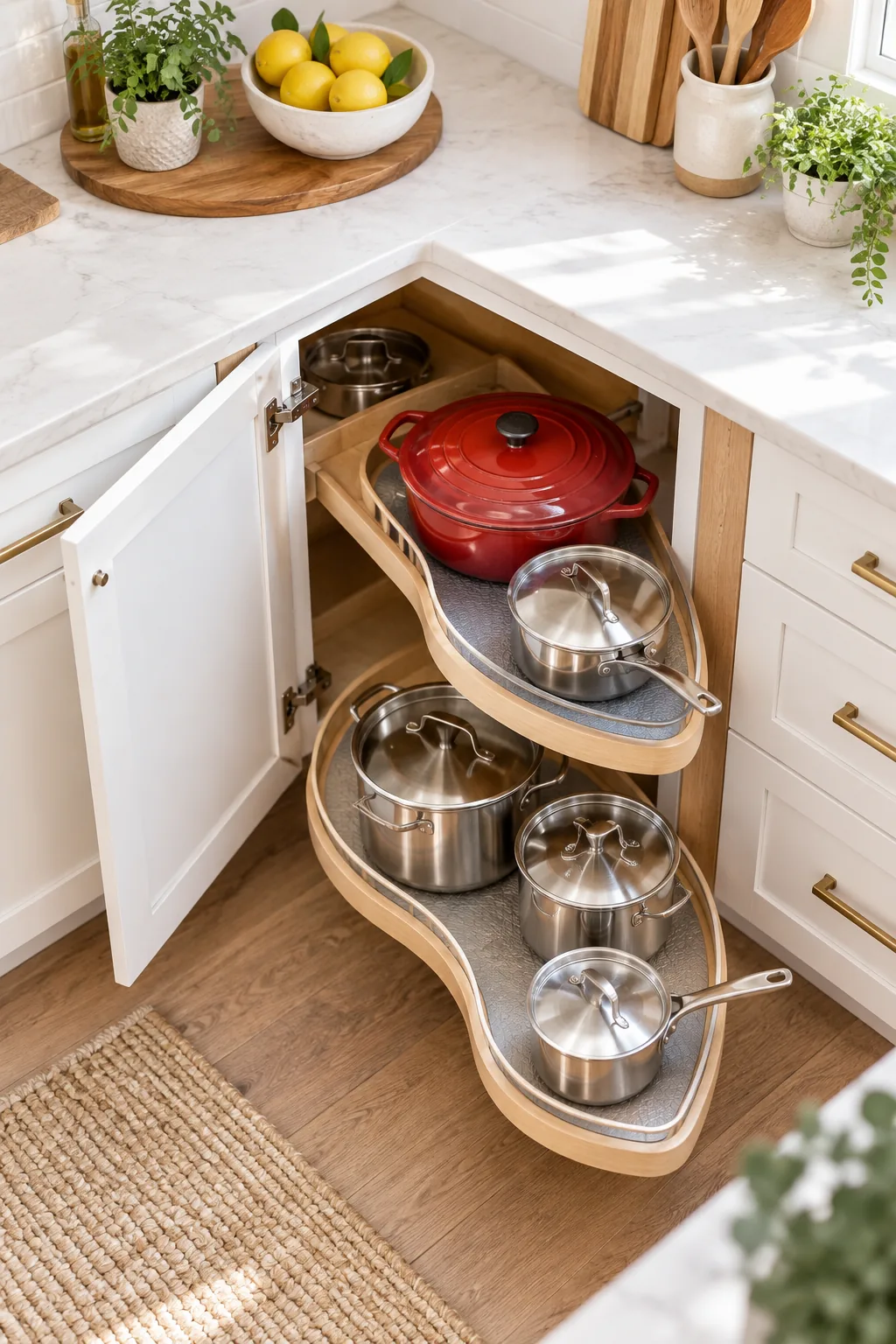 Wide view of a bright modern kitchen with a corner cabinet pull-out fully extended and loaded with cookware.