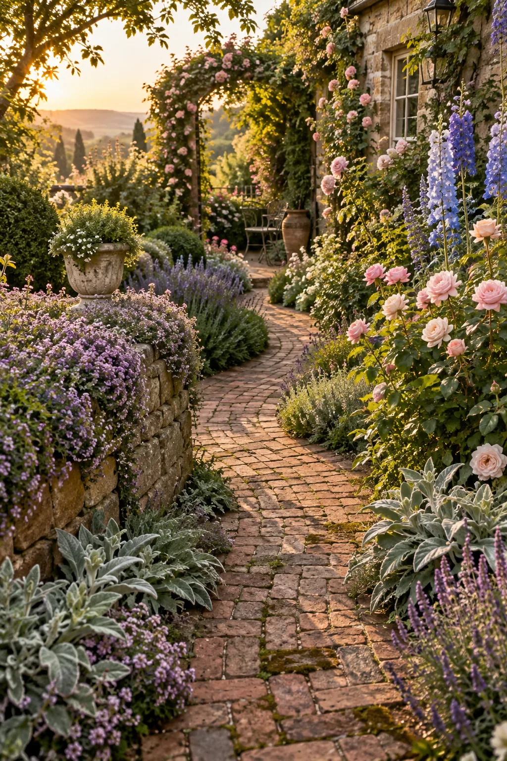 A winding gravel pathway lined with lush, blooming cottage garden flowers