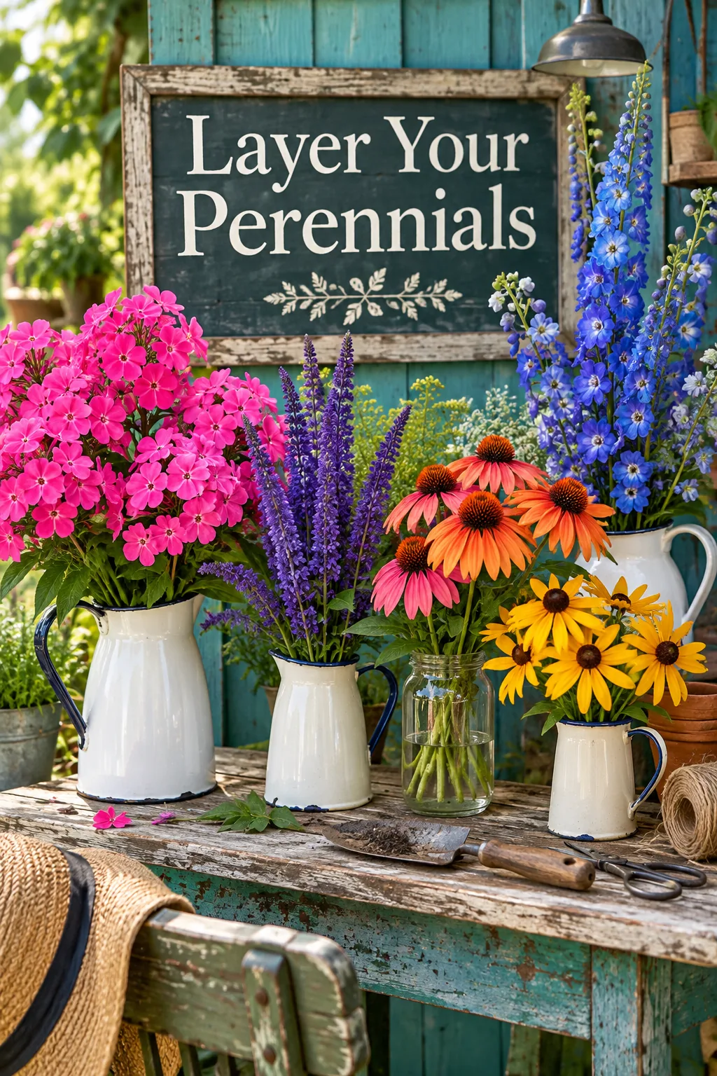 Dense flower bed featuring tall foxgloves and large peonies