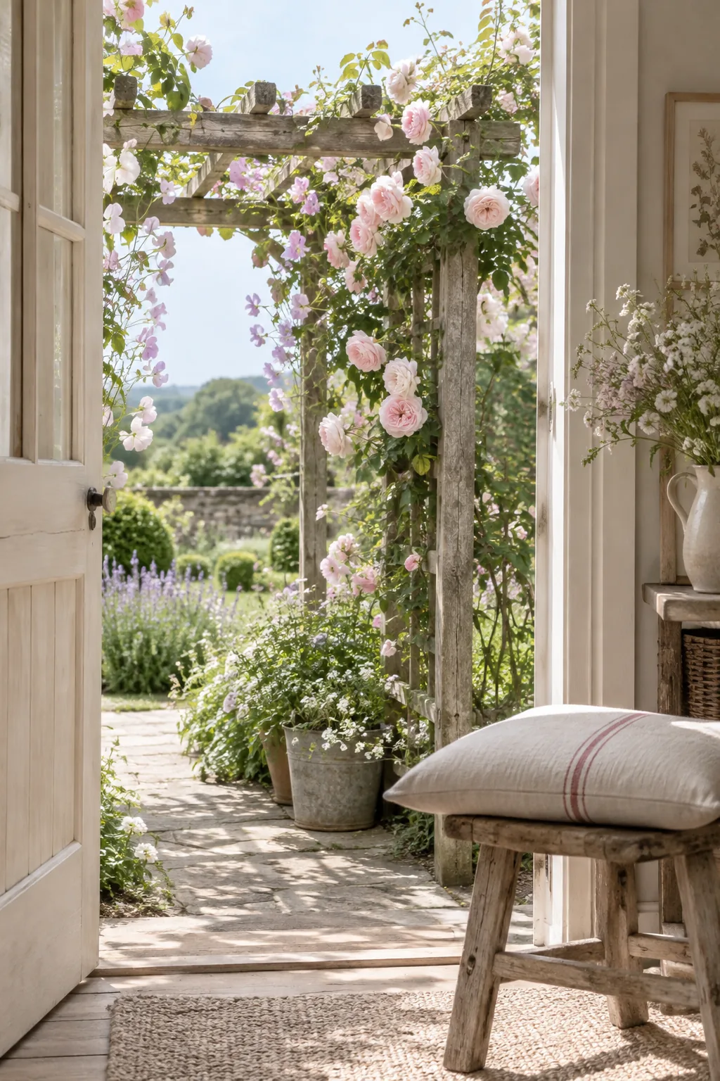 Weathered wooden trellis covered in climbing pink roses