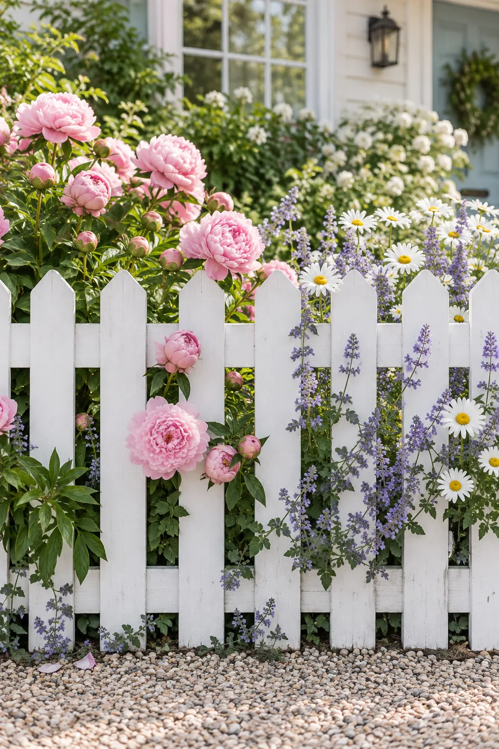 White picket fence with colorful flowers poking through the slats