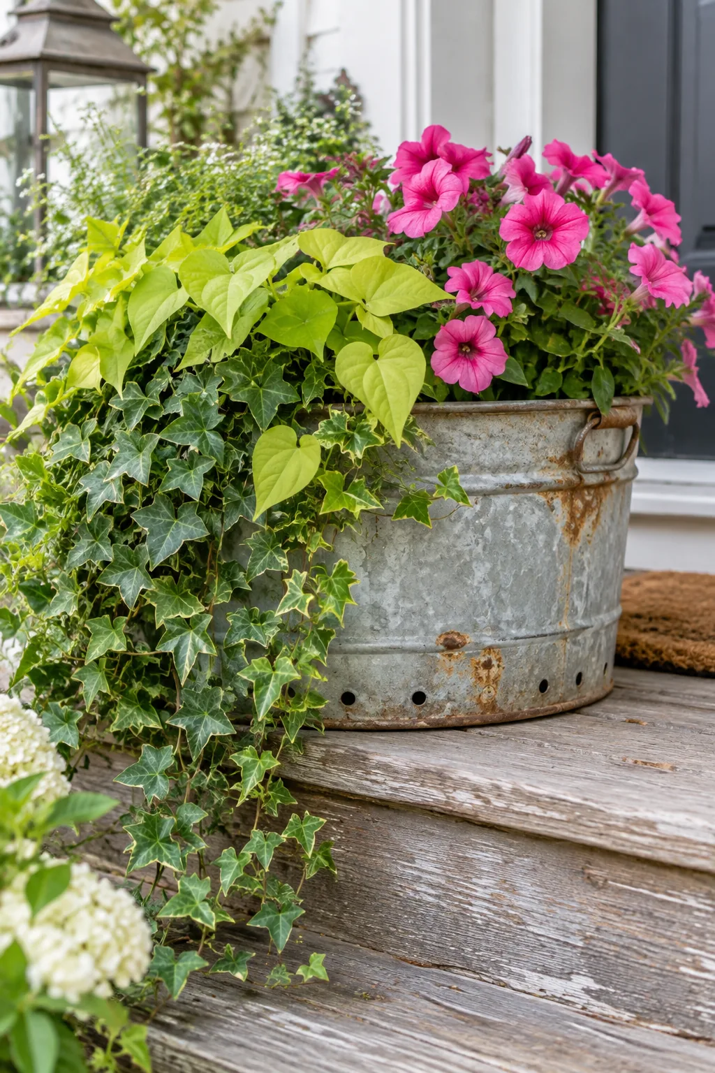 Old galvanized metal tub used as a planter for colorful annuals