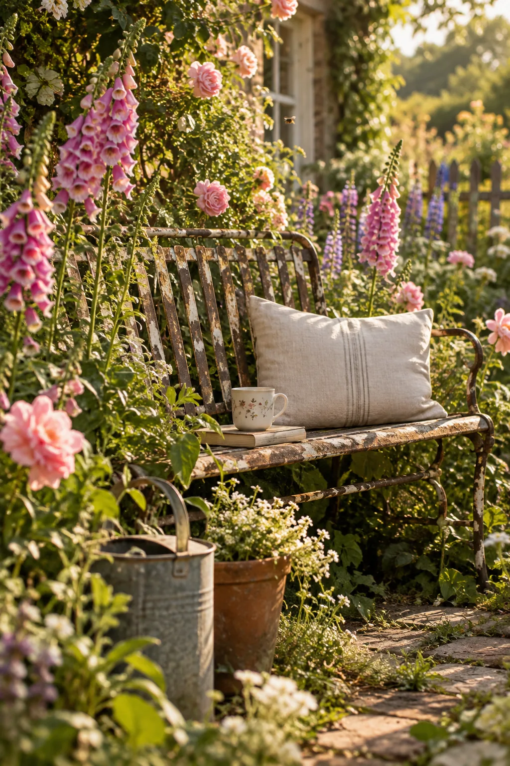 Weathered iron bench hidden among tall garden flowers