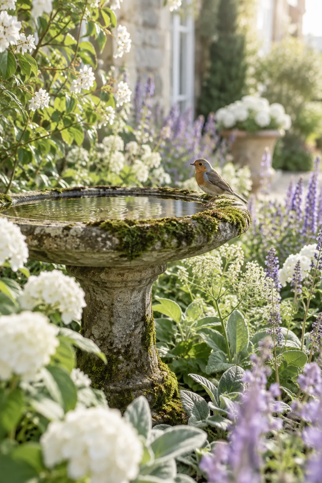 Classic stone birdbath surrounded by dense green foliage and flowers