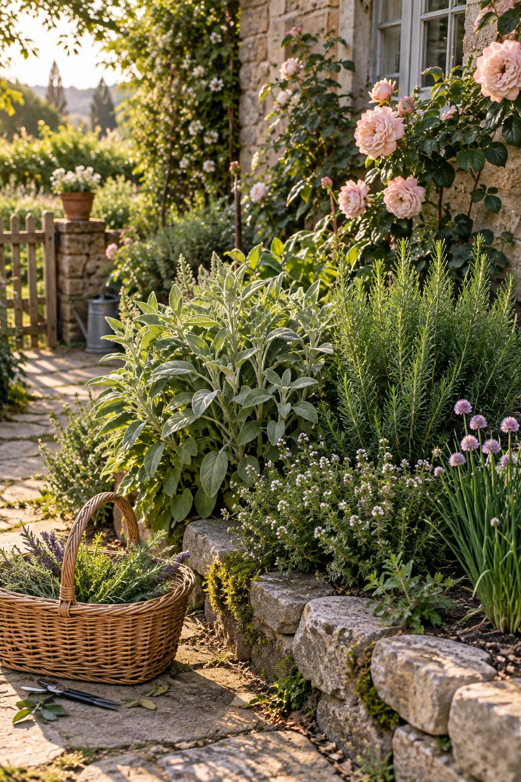 Rosemary and sage plants growing alongside pink roses in a garden bed