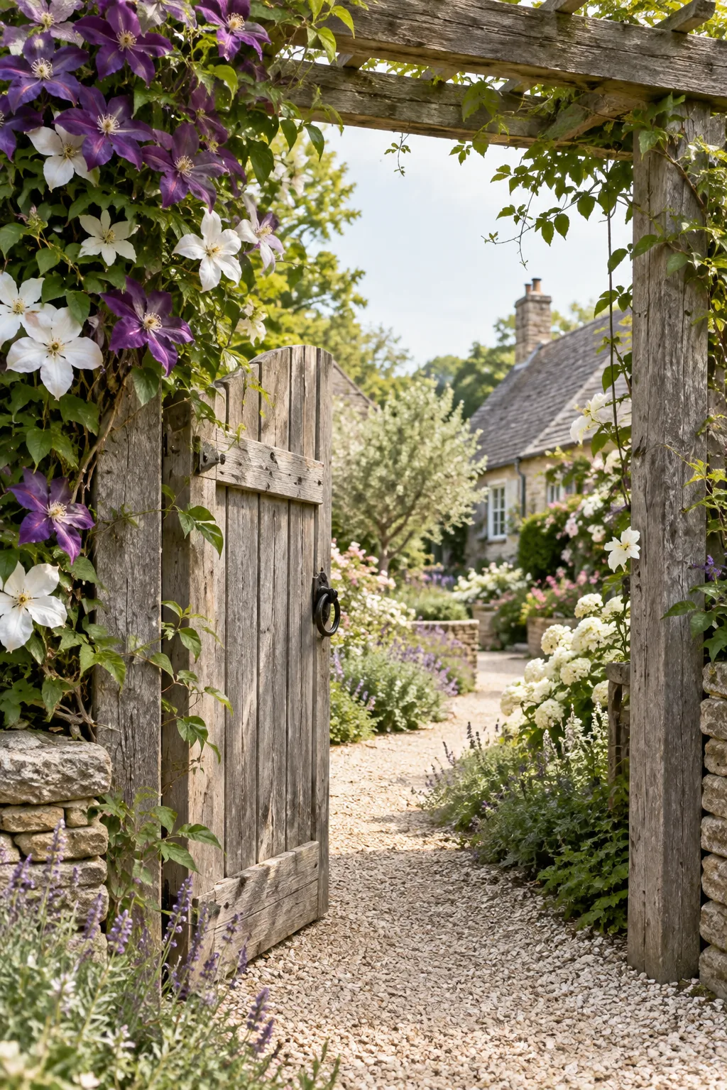 Wooden garden arbor covered in blooming purple clematis vines