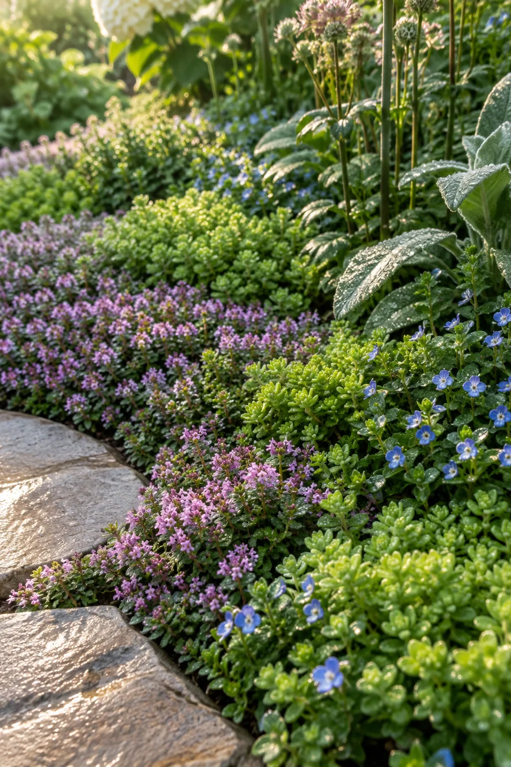 Lush green ground cover plants filling the space between taller flowers