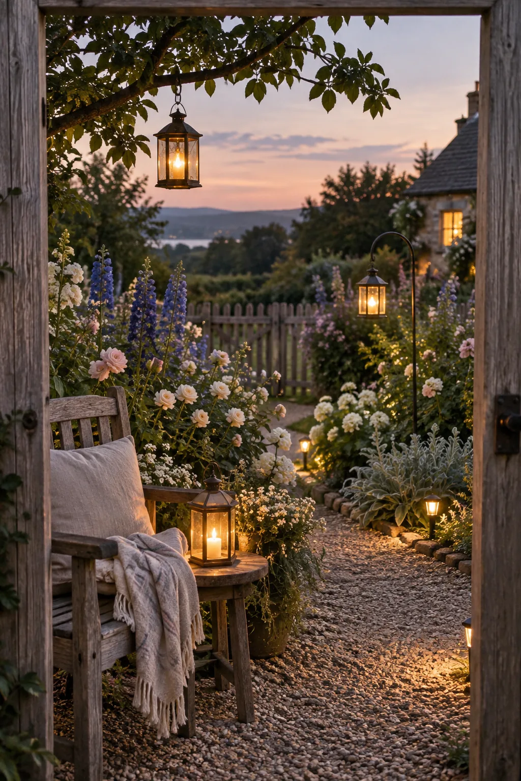 Warm solar lanterns hanging from shepherd hooks in a twilight garden