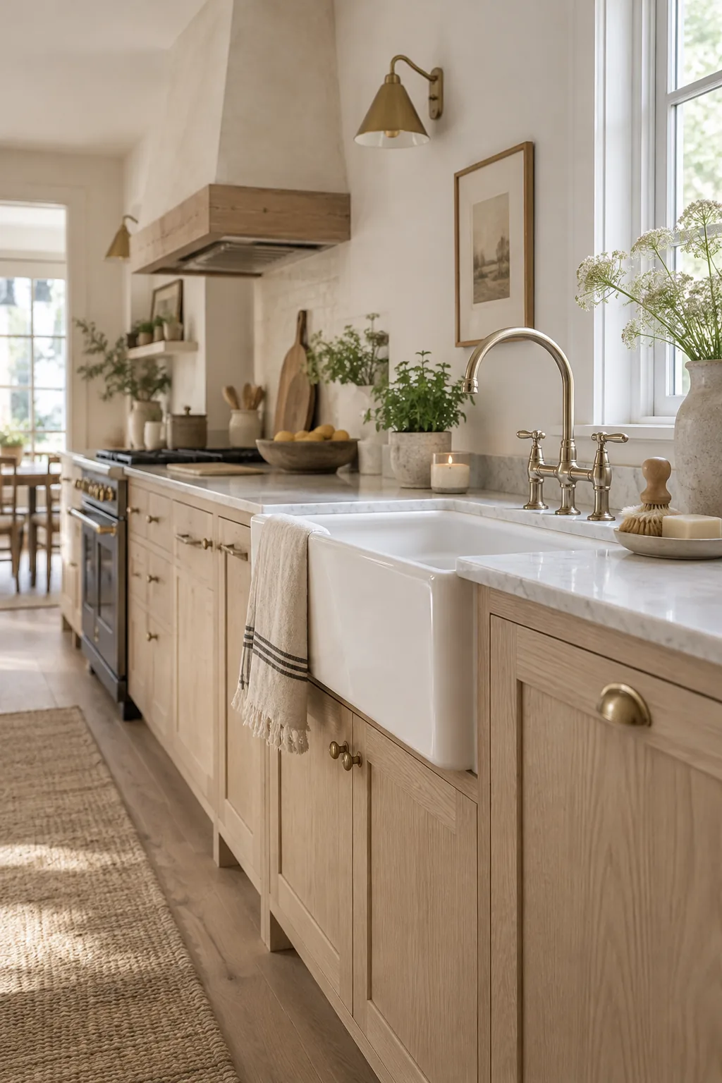 White fireclay apron front sink with an unlacquered brass bridge faucet in a cottage kitchen.