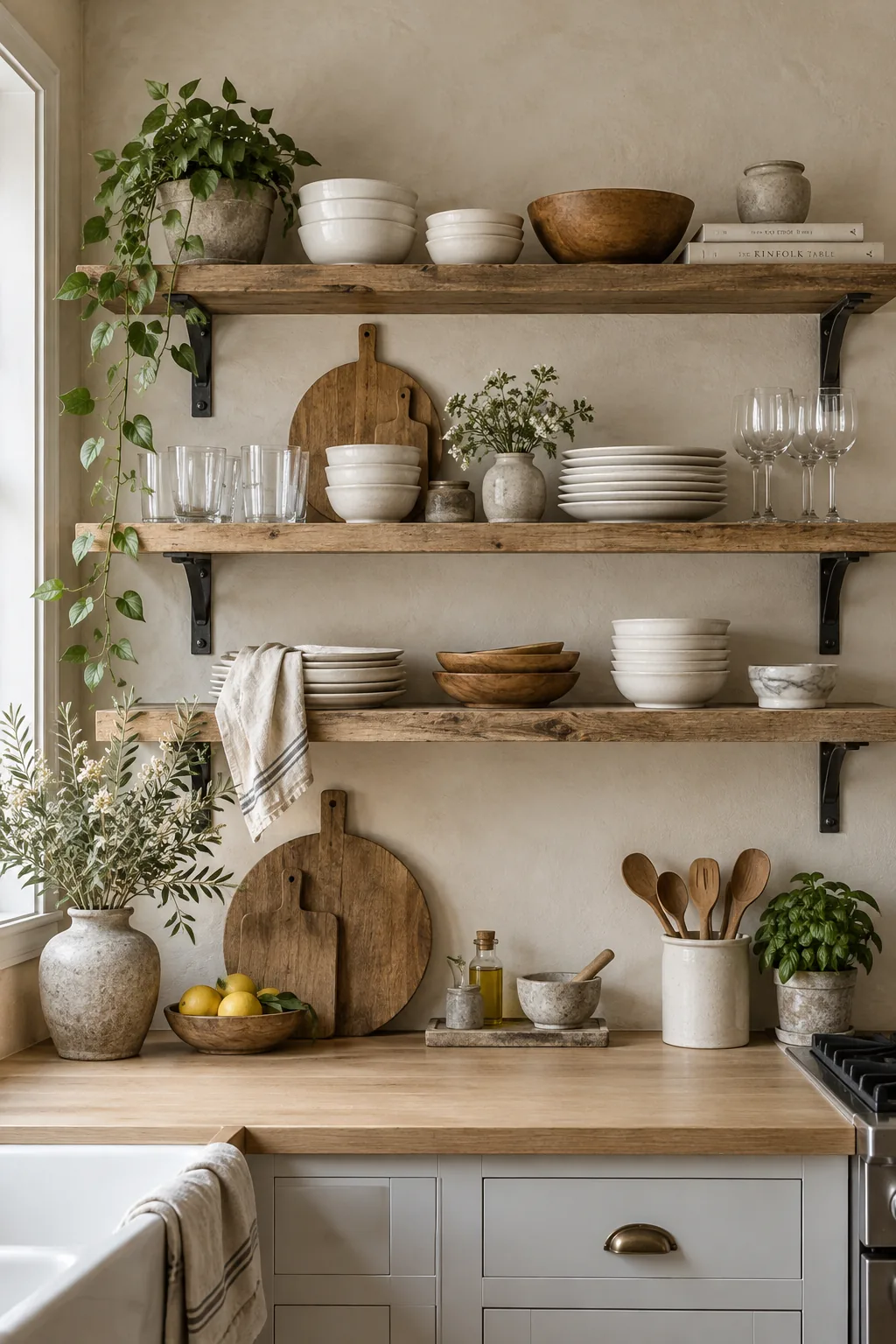 Thick reclaimed wood floating shelves styled with everyday white dishes and clear glass jars.