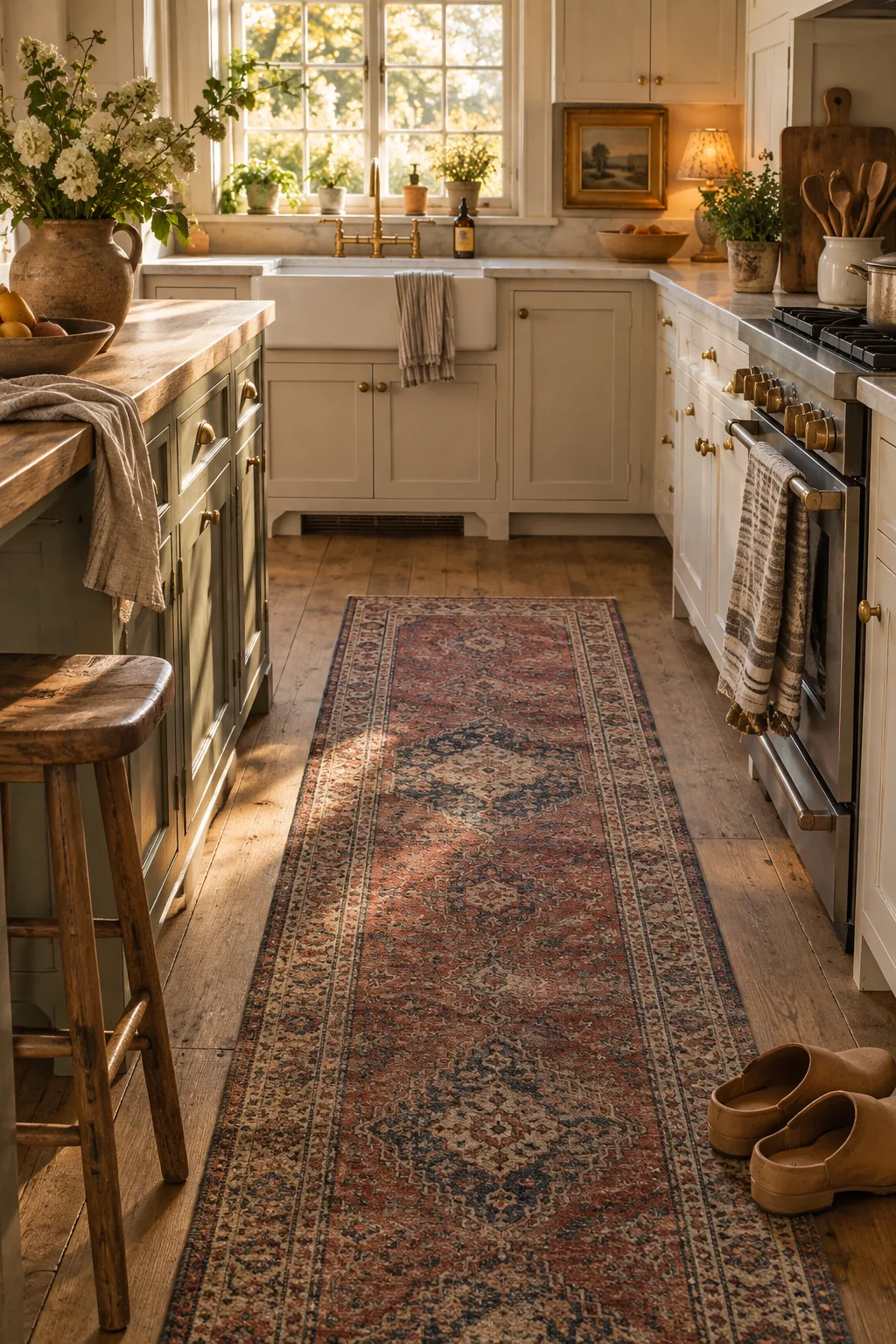 Faded red and blue vintage Turkish runner rug on a hardwood kitchen floor.