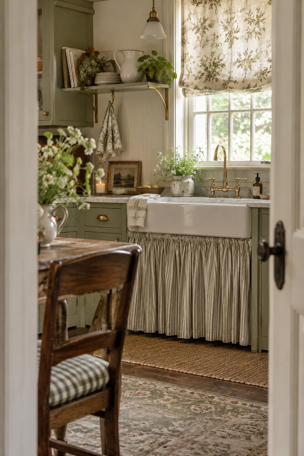 Blue ticking stripe fabric skirt covering the base cabinet under a farmhouse sink.