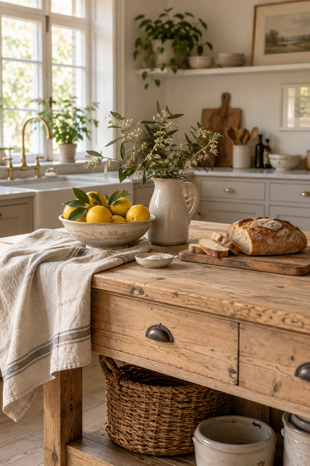 Antique wooden table being used as a kitchen island with two stools tucked underneath.