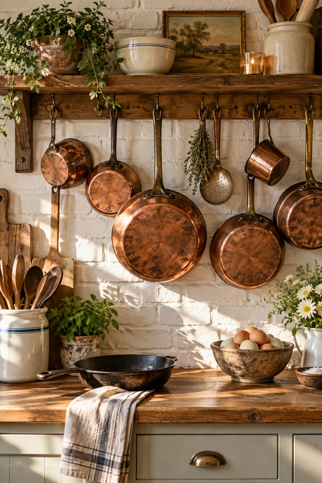 Vintage copper pots and pans hanging from a wrought iron wall rail.