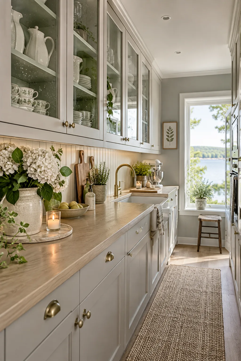 Kitchen cabinets with seeded glass doors revealing neatly stacked white ironstone dishes.