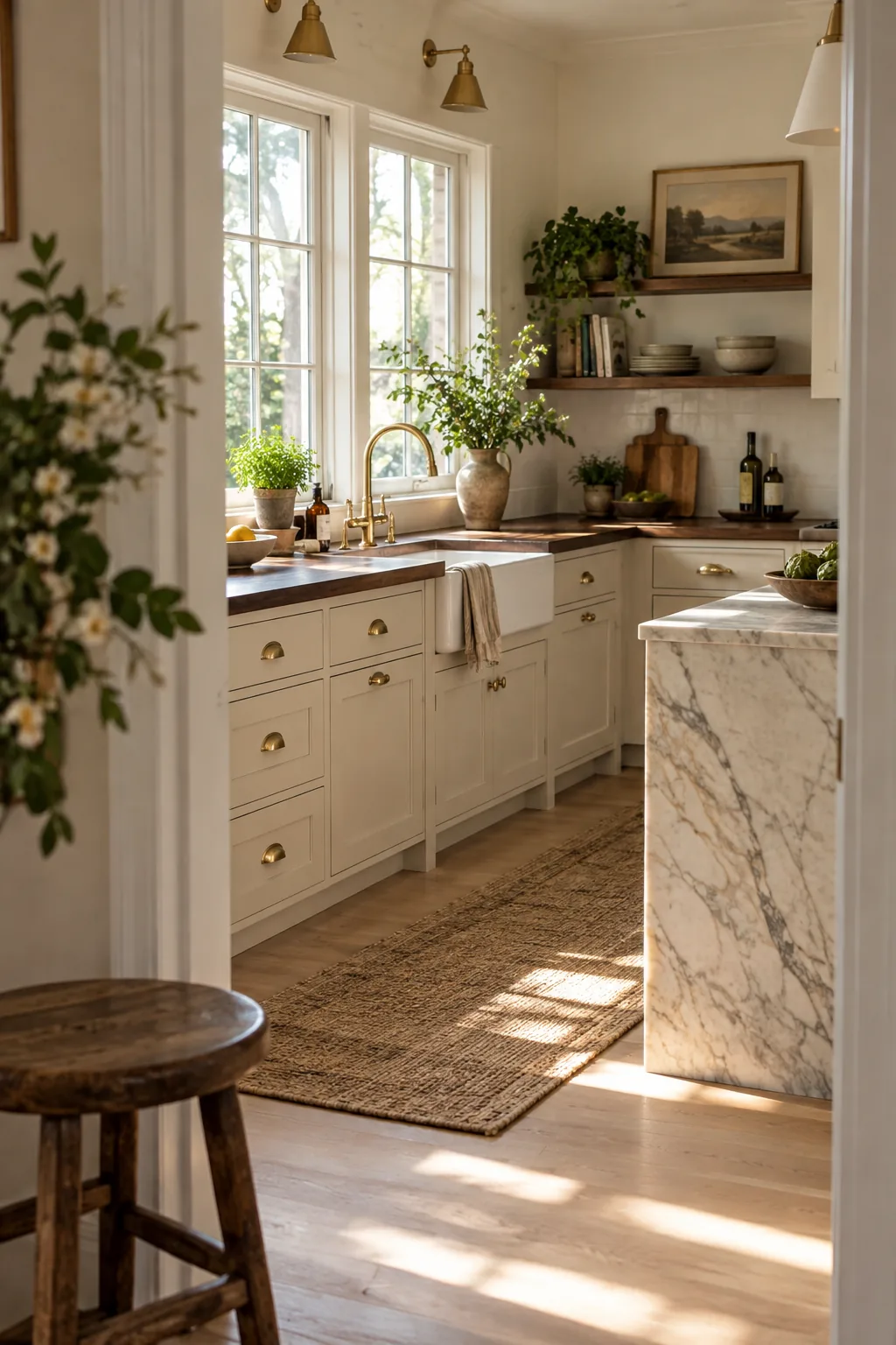 Warm walnut butcher block countertops paired with painted green lower cabinets.