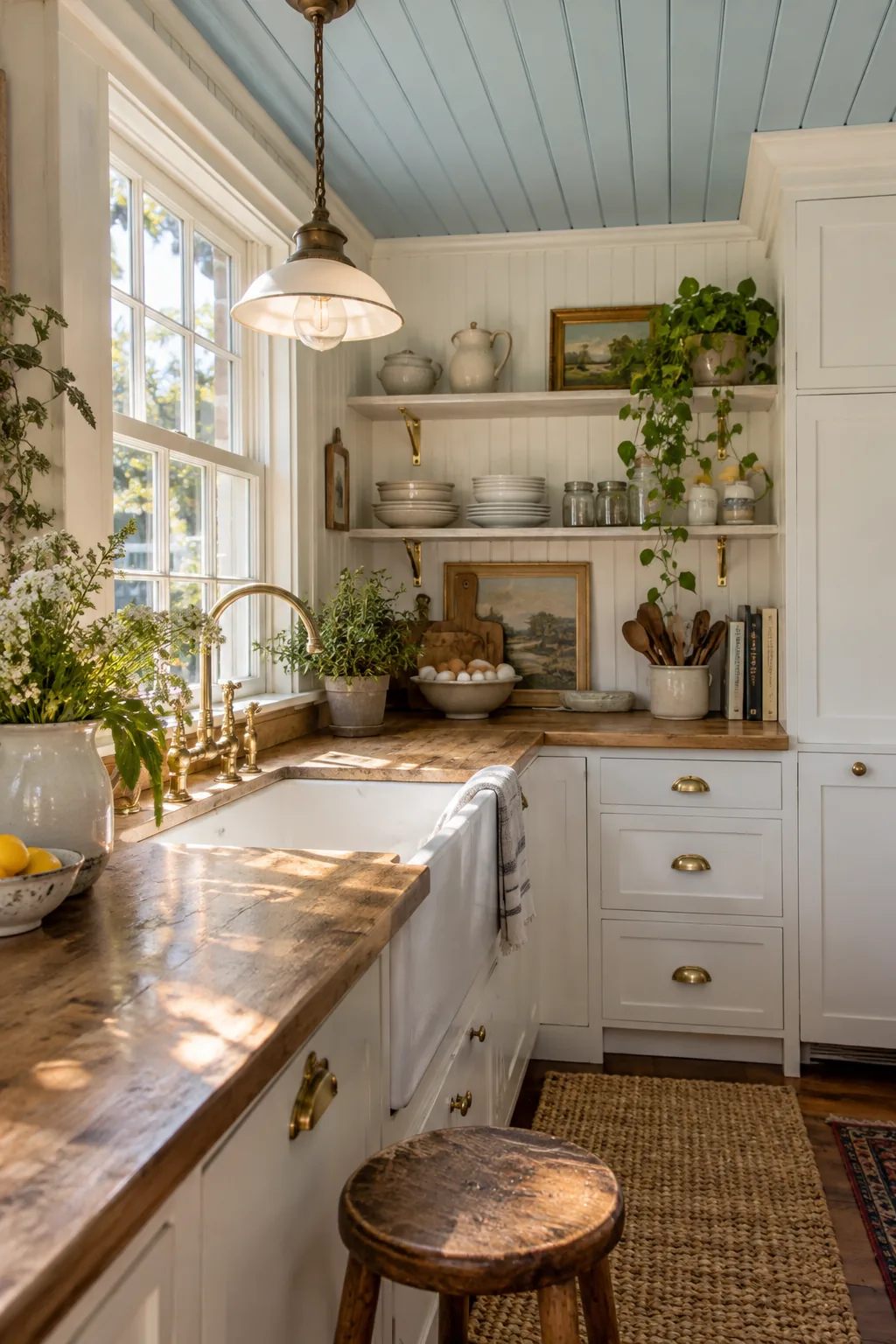 Kitchen ceiling covered in white painted v-groove wood planks.