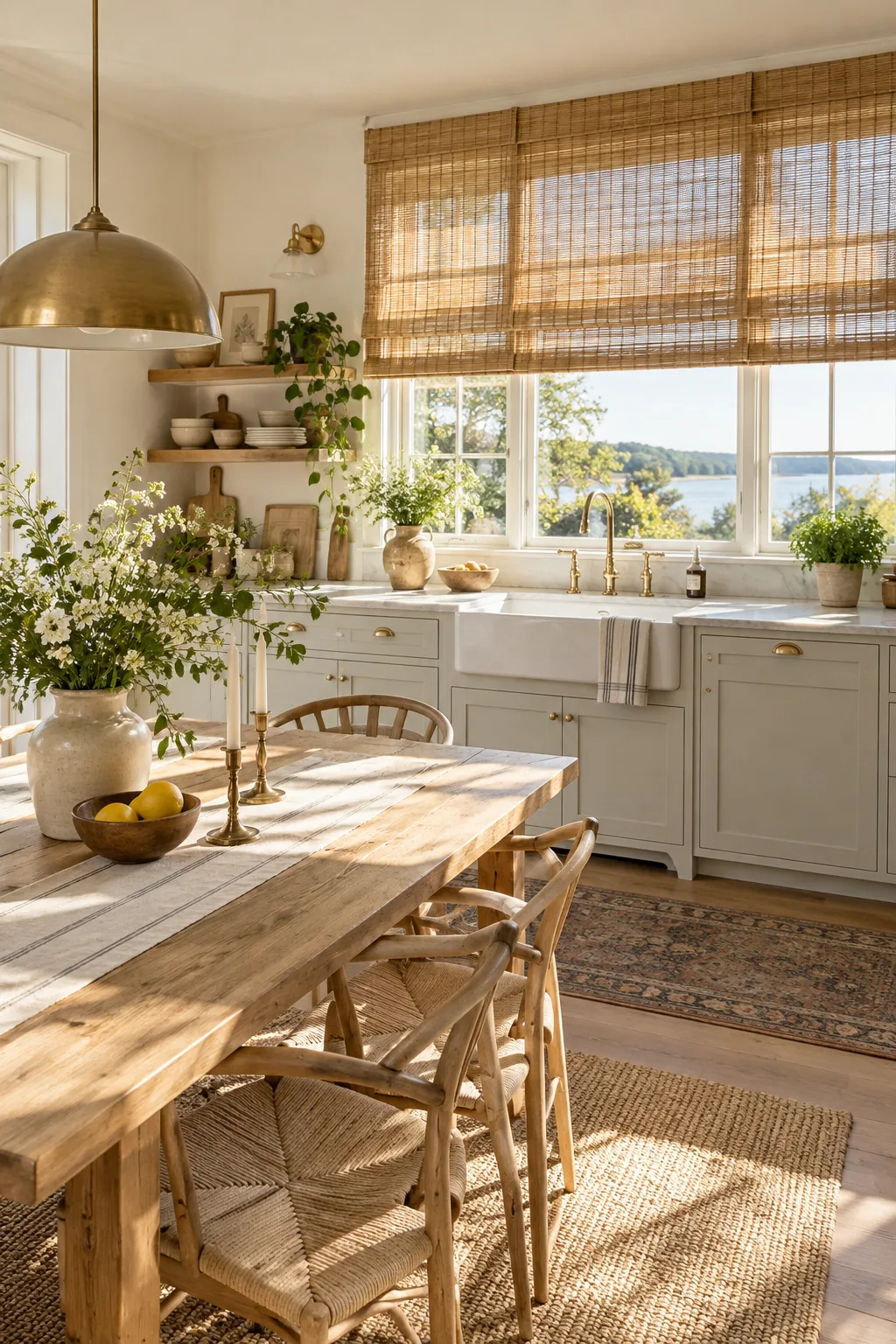 Natural woven bamboo roman shades hanging above a kitchen sink window.