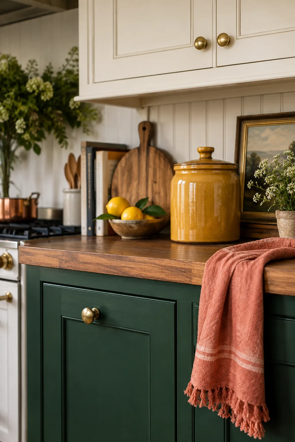 Kitchen with creamy white upper cabinets and deep forest green lower cabinets.