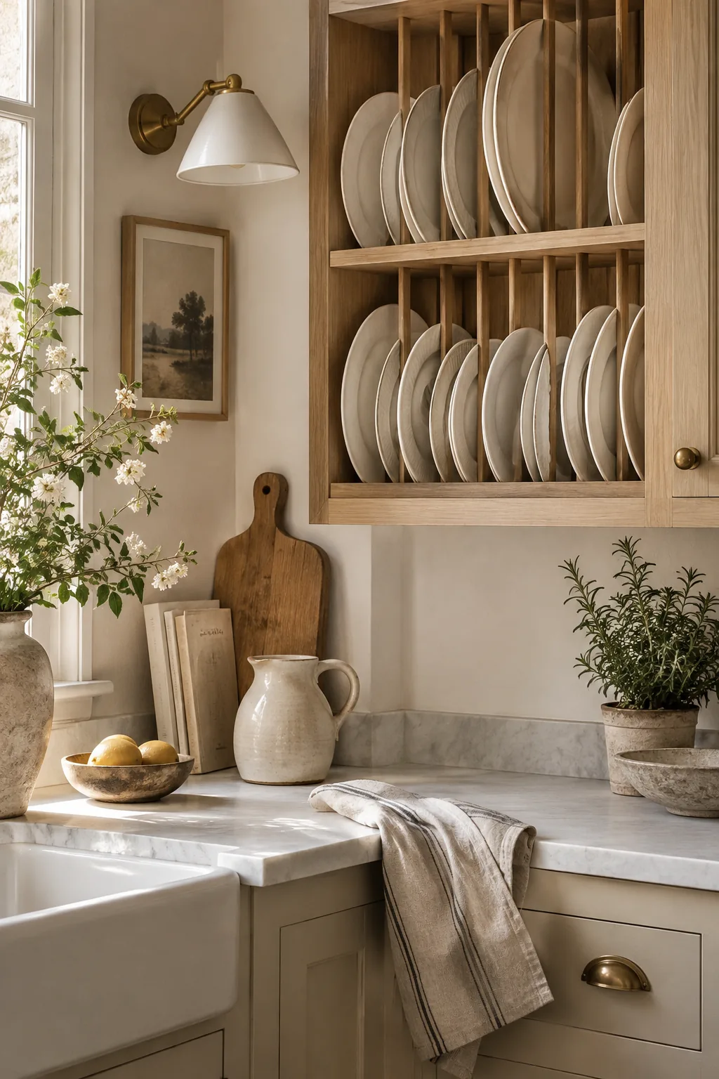 Wooden wall-mounted plate rack holding a collection of vintage blue and white platters.