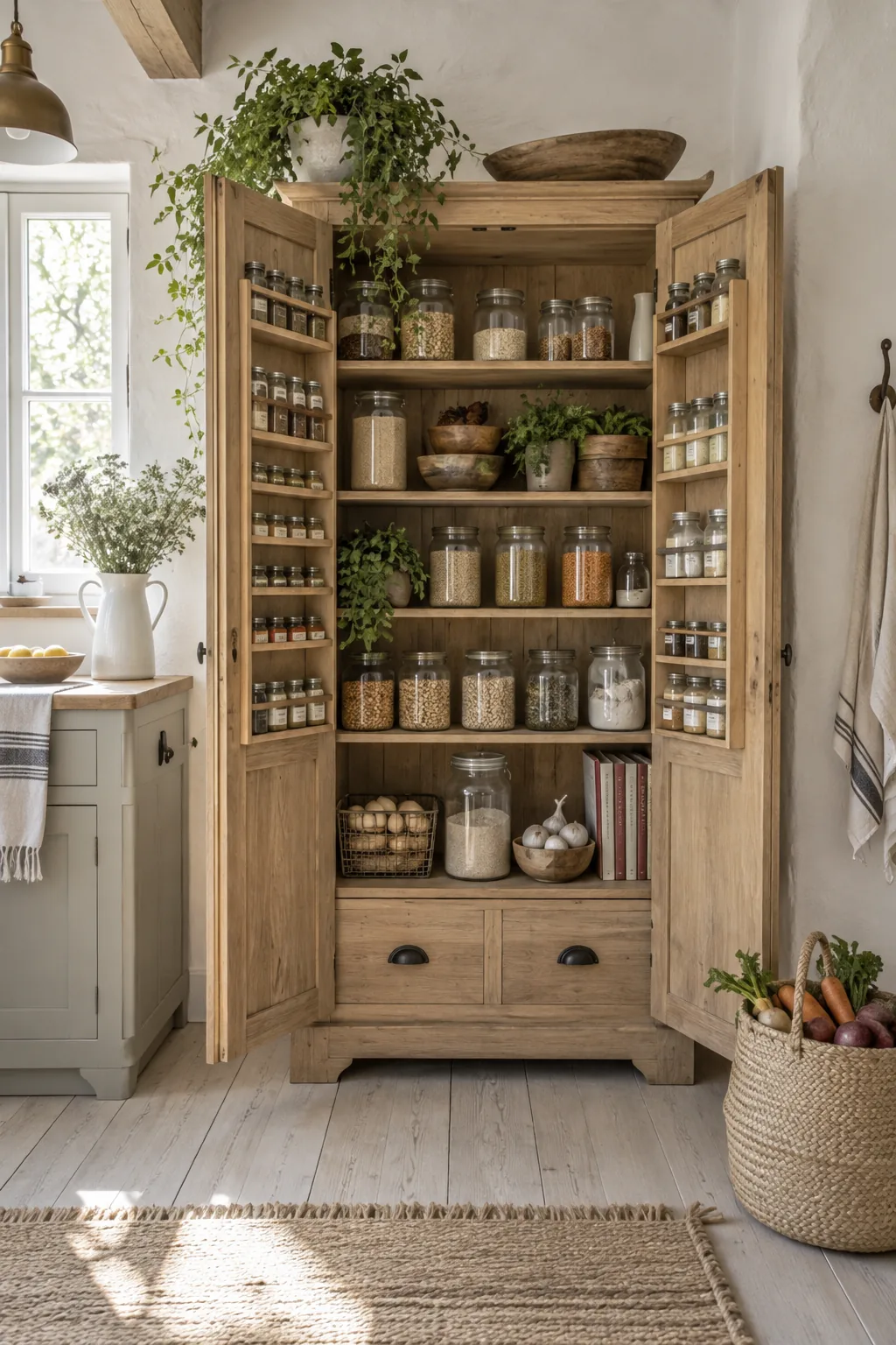 Tall freestanding natural wood larder cupboard with doors open revealing organized pantry items.